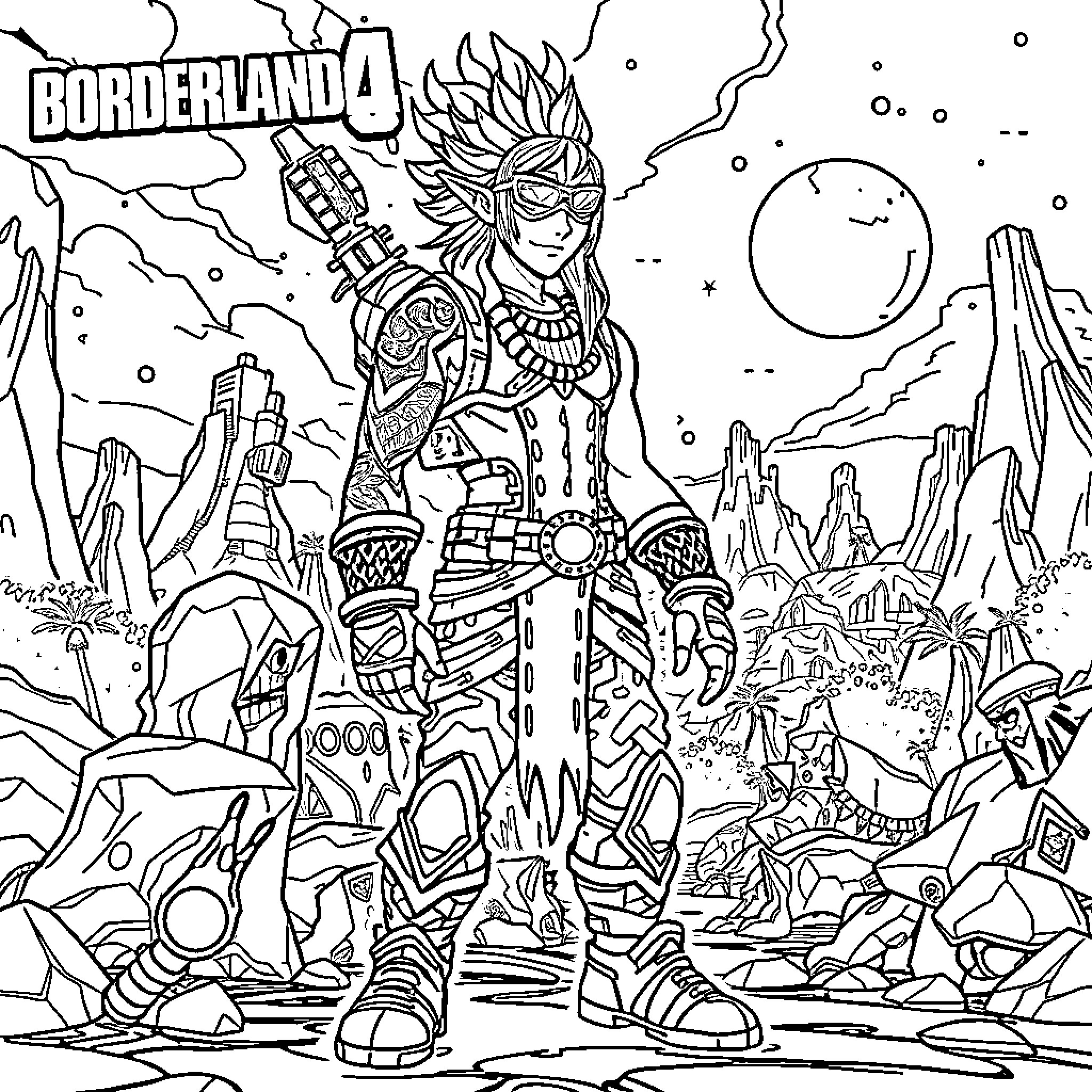 Siren Warrior in Futuristic Borderlands Landscape Coloring Page (free black-and-white line drawing printable PDF for all, from beginners to advanced learners, including children, teens, adults, and seniors)