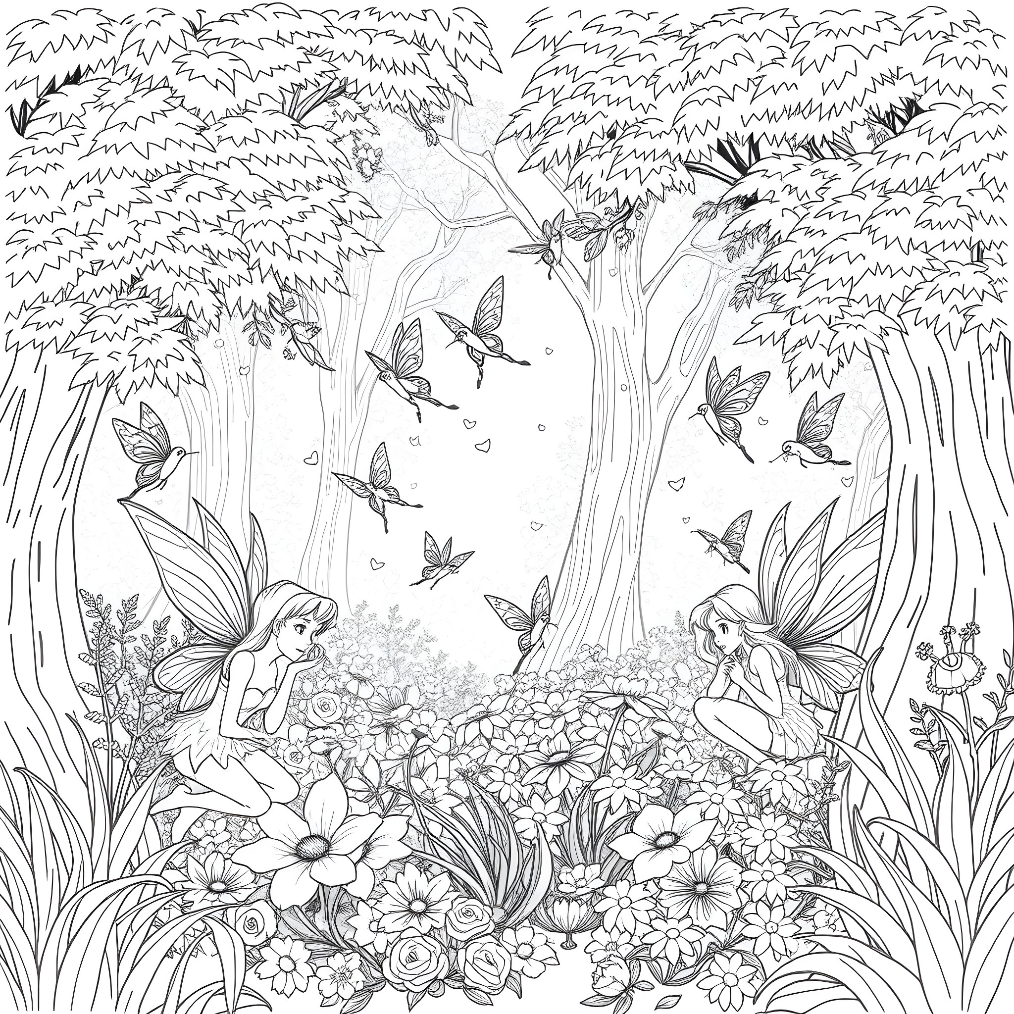 Fairy Fairies Dancing in Enchanted Flower Garden Coloring Page (free black-and-white line drawing printable PDF for all, from beginners to advanced learners, including children, teens, adults, and seniors)