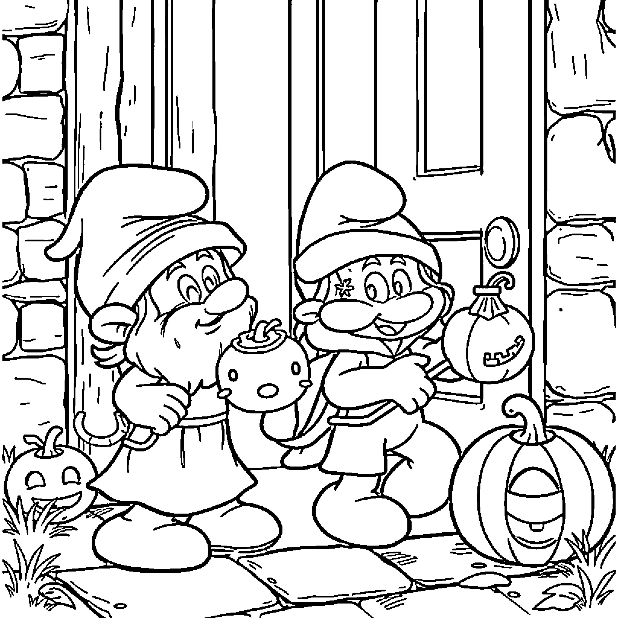 Smurfs Celebrating Halloween with Pumpkins Coloring Page (free black-and-white line drawing printable PDF for all, from beginners to advanced learners, including children, teens, adults, and seniors)