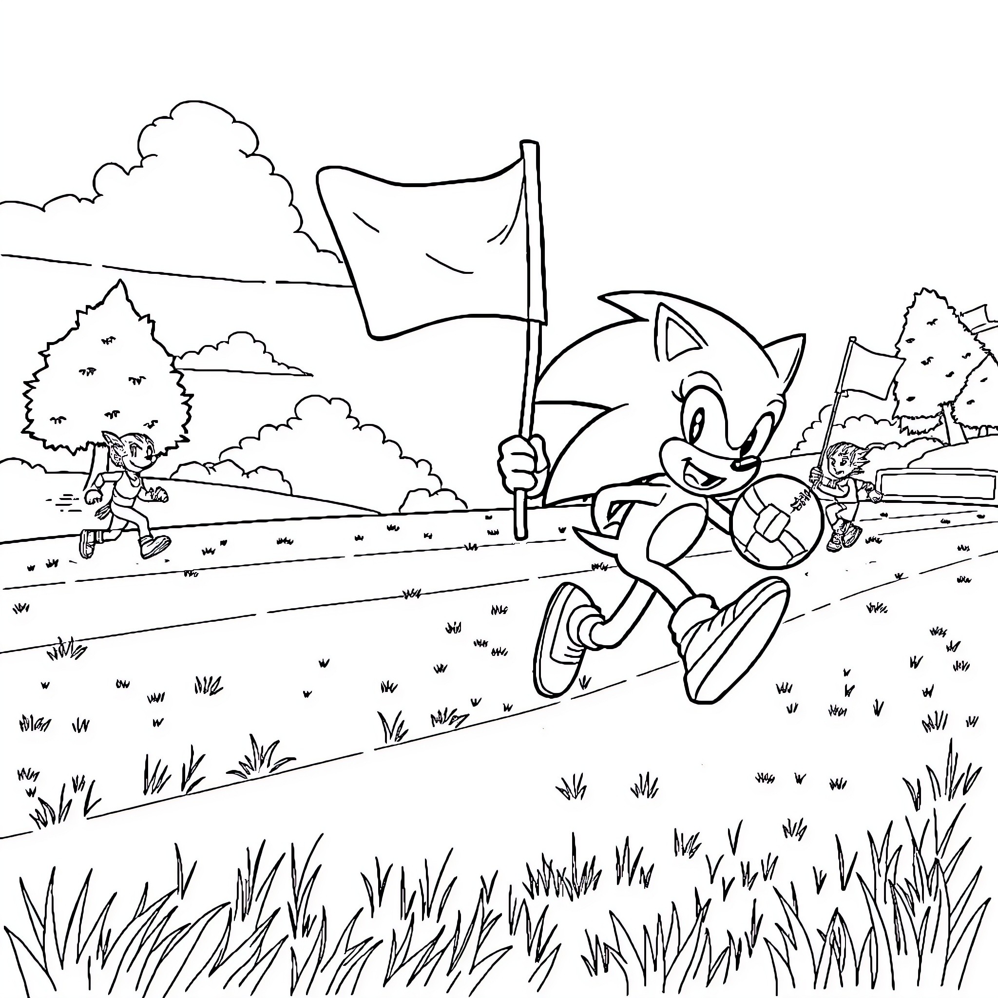 Sonic racing and waving a flag in the outdoors Coloring Page (free black-and-white line drawing printable PDF for all, from beginners to advanced learners, including children, teens, adults, and seniors)