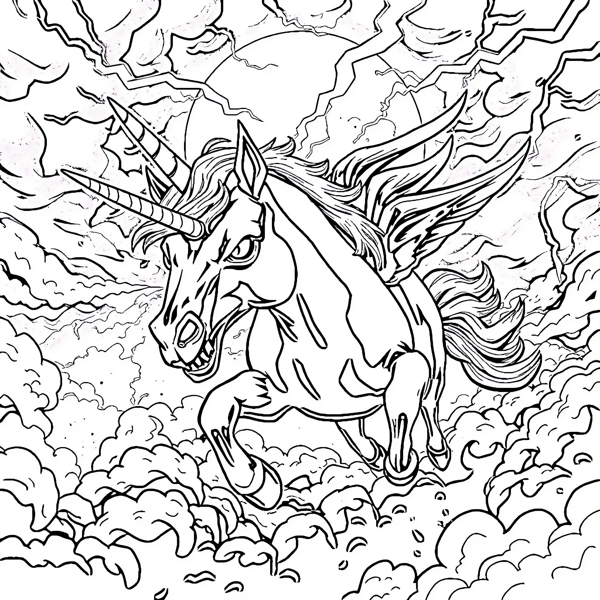 Unicorn galloping through magical storm clouds Coloring Page (free black-and-white line drawing printable PDF for all, from beginners to advanced learners, including children, teens, adults, and seniors)