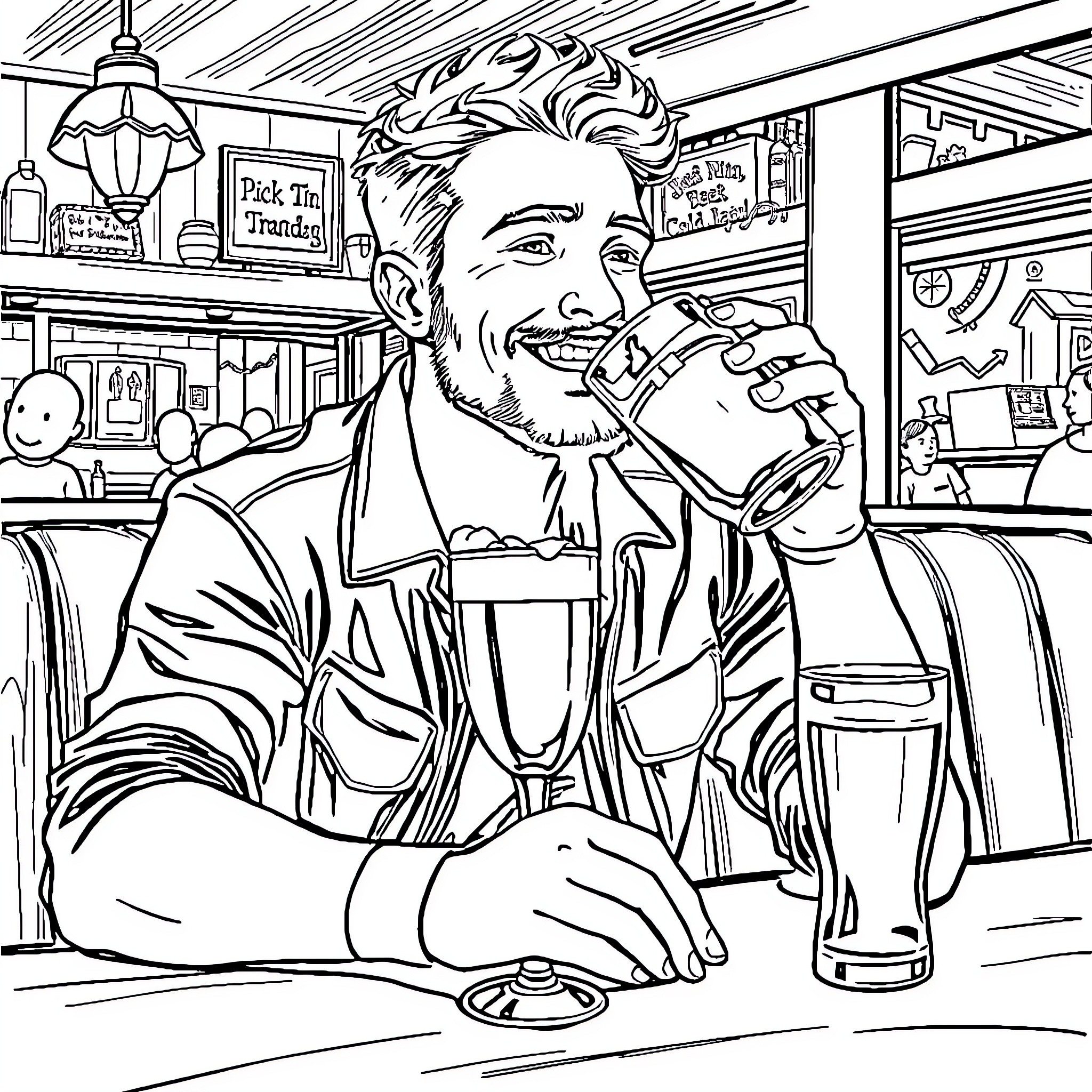 Jason enjoys a pint at the local pub Coloring Page (free black-and-white line drawing printable PDF for all, from beginners to advanced learners, including children, teens, adults, and seniors)