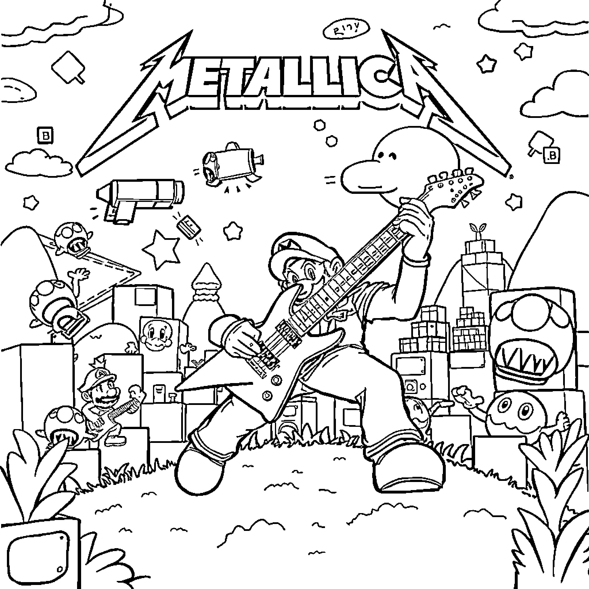 Metallica Rocking Out With Quirky Illustrations Coloring Page (free black-and-white line drawing printable PDF for all, from beginners to advanced learners, including children, teens, adults, and seniors)
