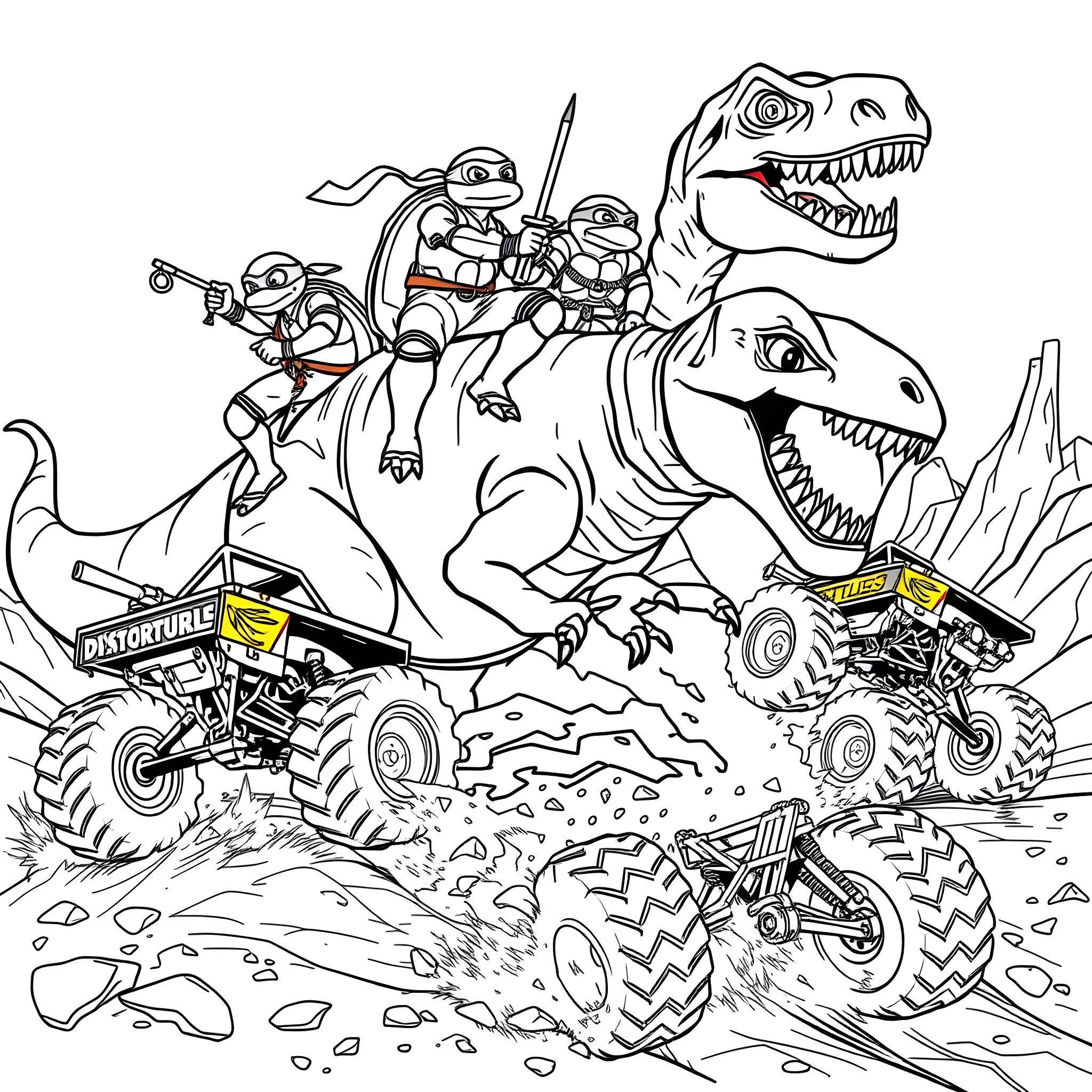 Ninja Turtle Monster Truck Adventure Coloring Page (free black-and-white line drawing printable PDF for all, from beginners to advanced learners, including children, teens, adults, and seniors)