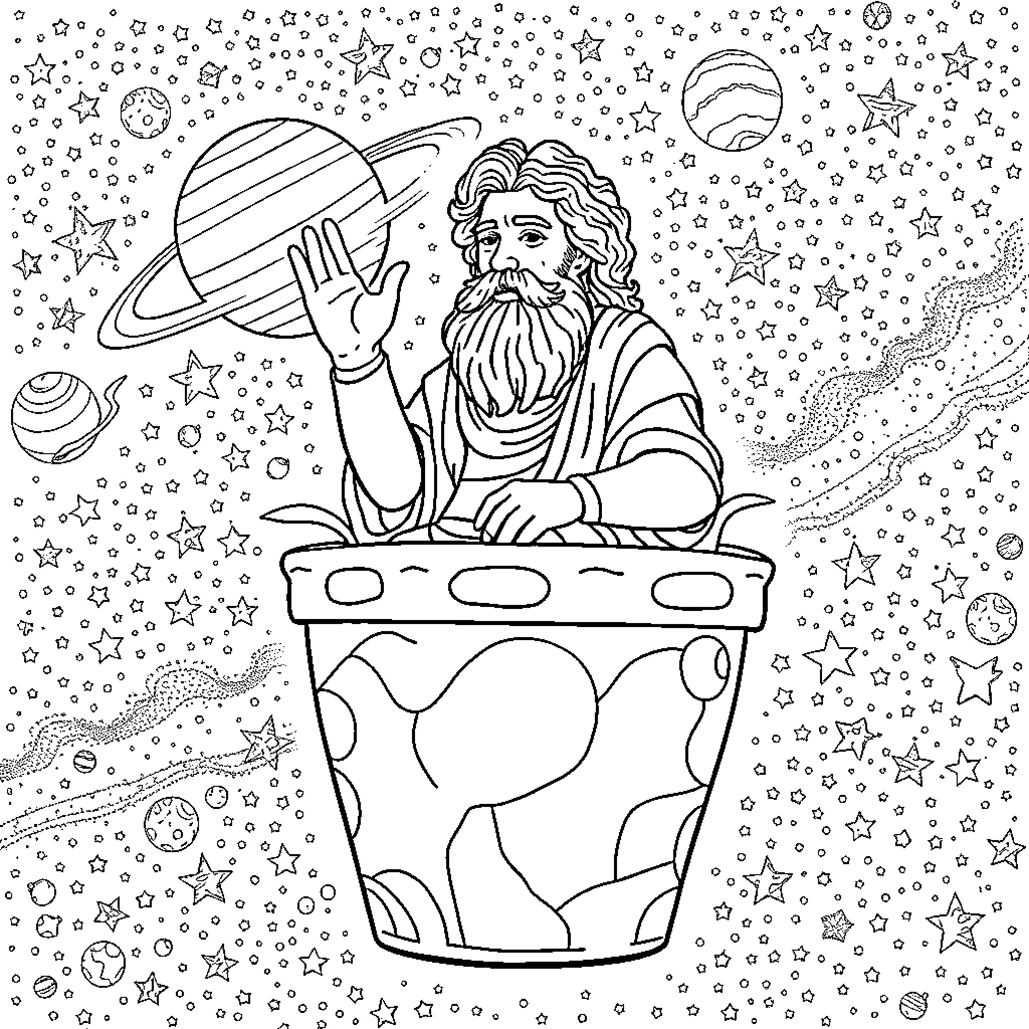 Aristophanes Contemplating the Cosmos in a Celestial Pot Coloring Page (free black-and-white line drawing printable PDF for all, from beginners to advanced learners, including children, teens, adults, and seniors)