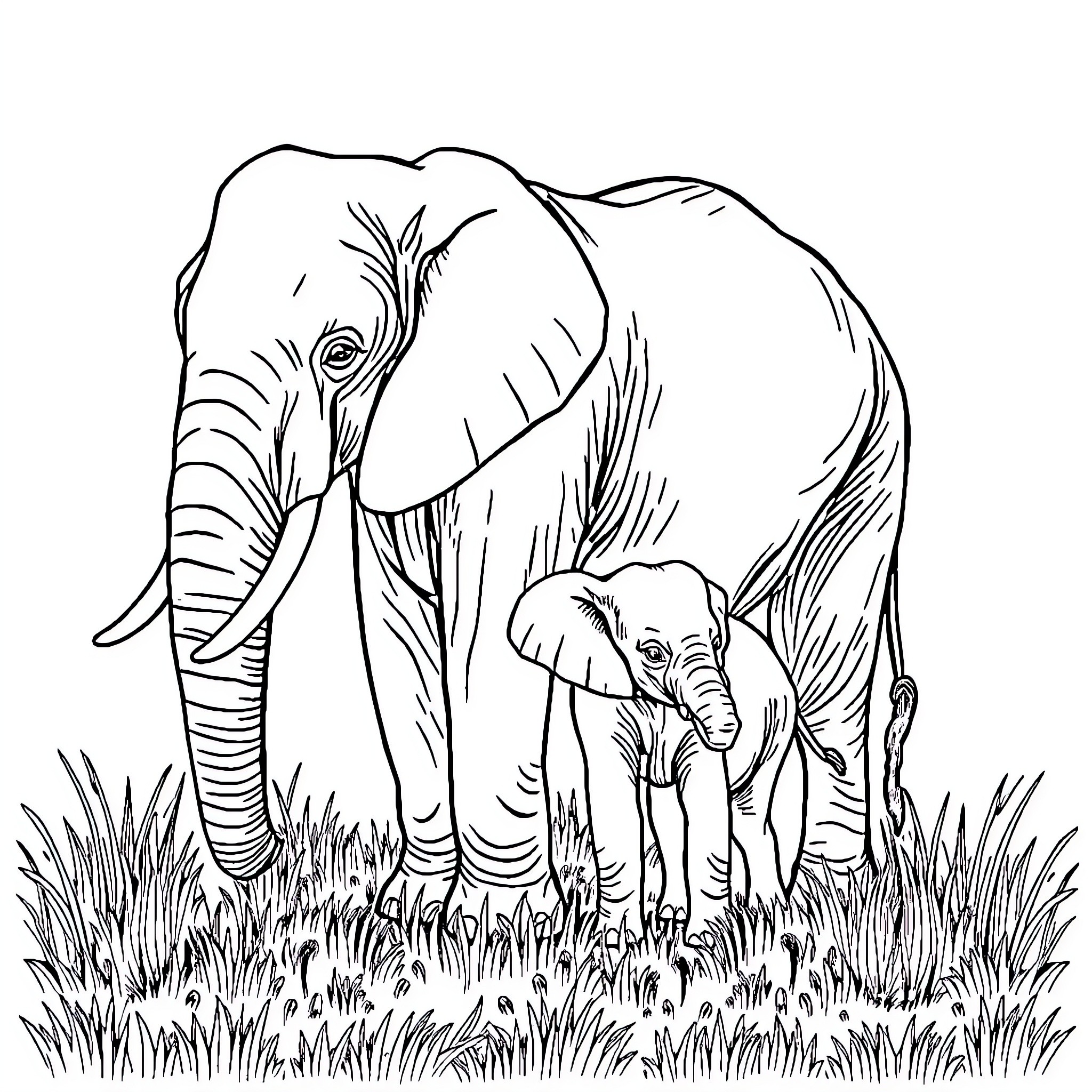 Elephant Mother and Calf in the Grass Coloring Page (free black-and-white line drawing printable PDF for all, from beginners to advanced learners, including children, teens, adults, and seniors)