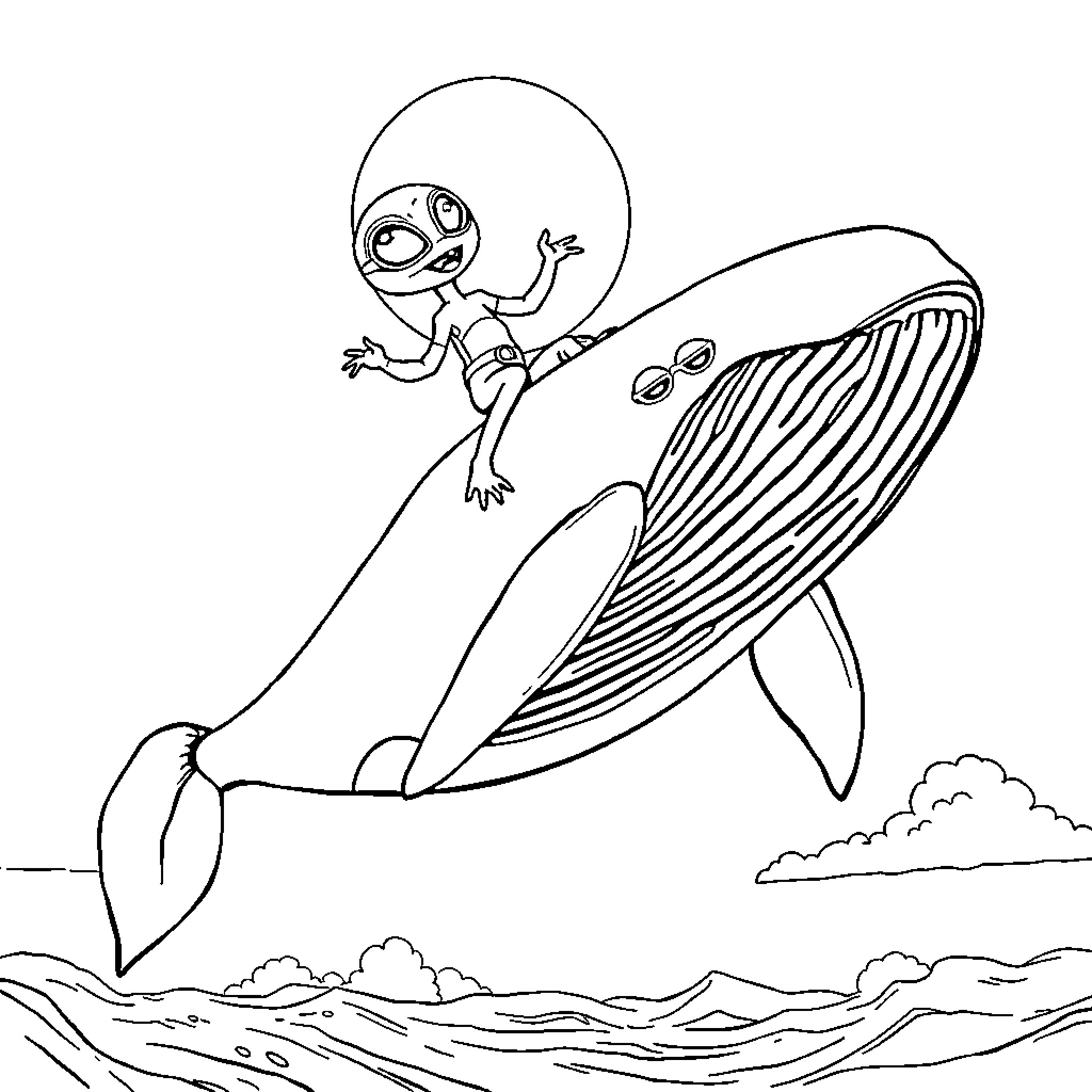 Alien riding a friendly whale in the ocean Coloring Page (free black-and-white line drawing printable PDF for all, from beginners to advanced learners, including children, teens, adults, and seniors)