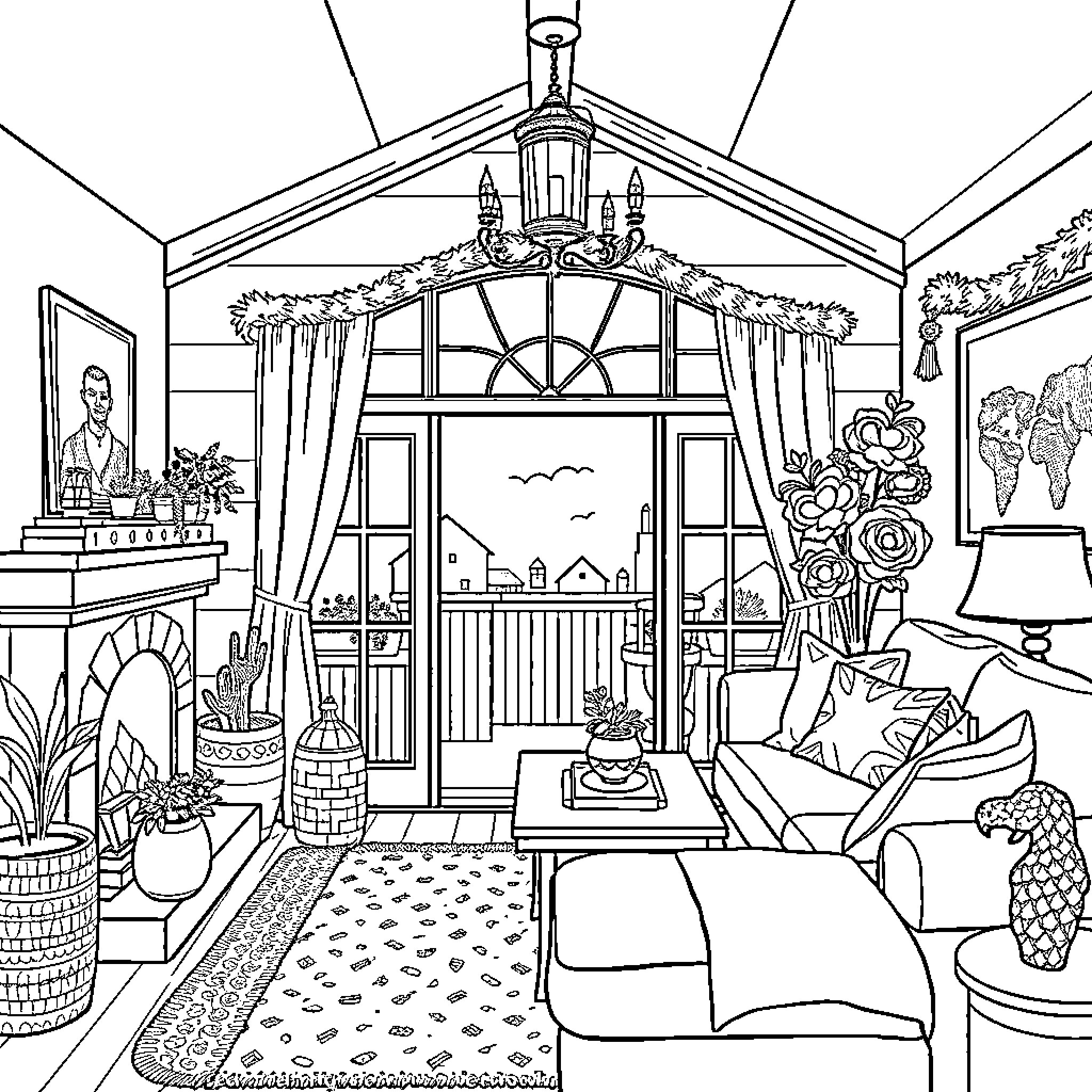 House with cozy interior decor and furnishings Coloring Page (free black-and-white line drawing printable PDF for all, from beginners to advanced learners, including children, teens, adults, and seniors)