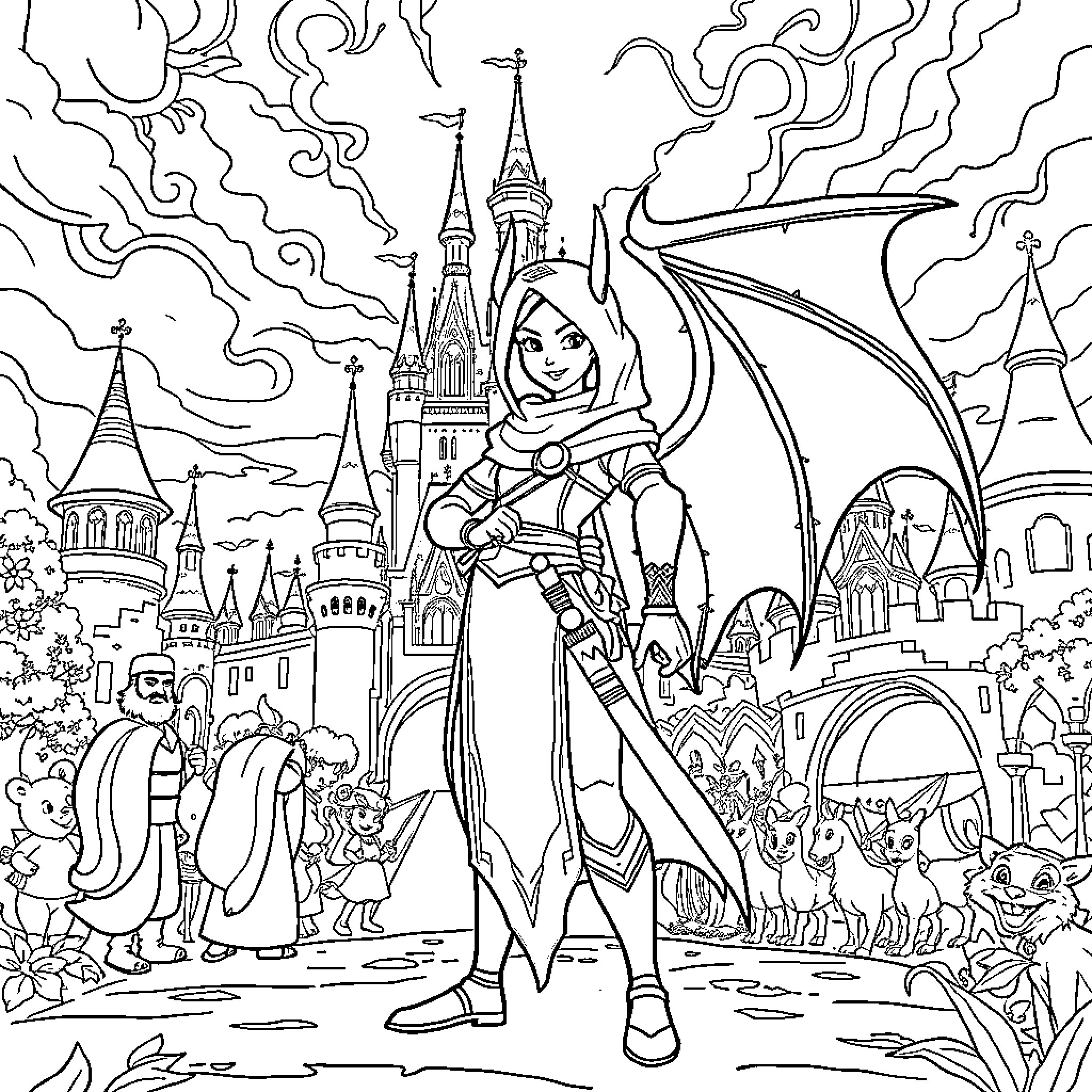 Rumi's Fantastical Adventure in the Enchanted City Coloring Page (free black-and-white line drawing printable PDF for all, from beginners to advanced learners, including children, teens, adults, and seniors)