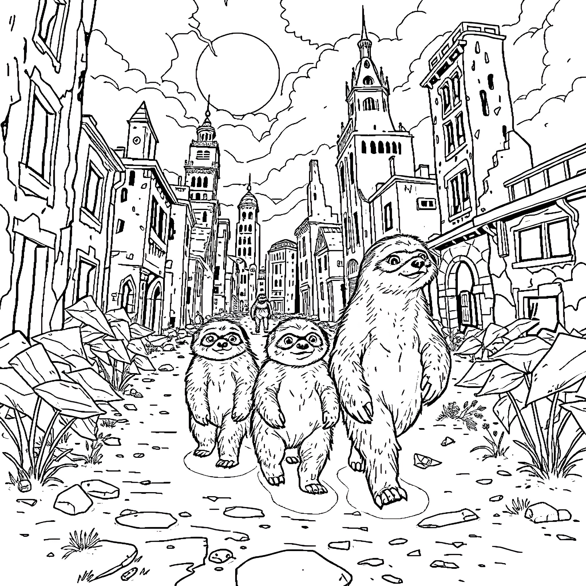 Sloth sloths explore urban landscape Coloring Page (free black-and-white line drawing printable PDF for all, from beginners to advanced learners, including children, teens, adults, and seniors)