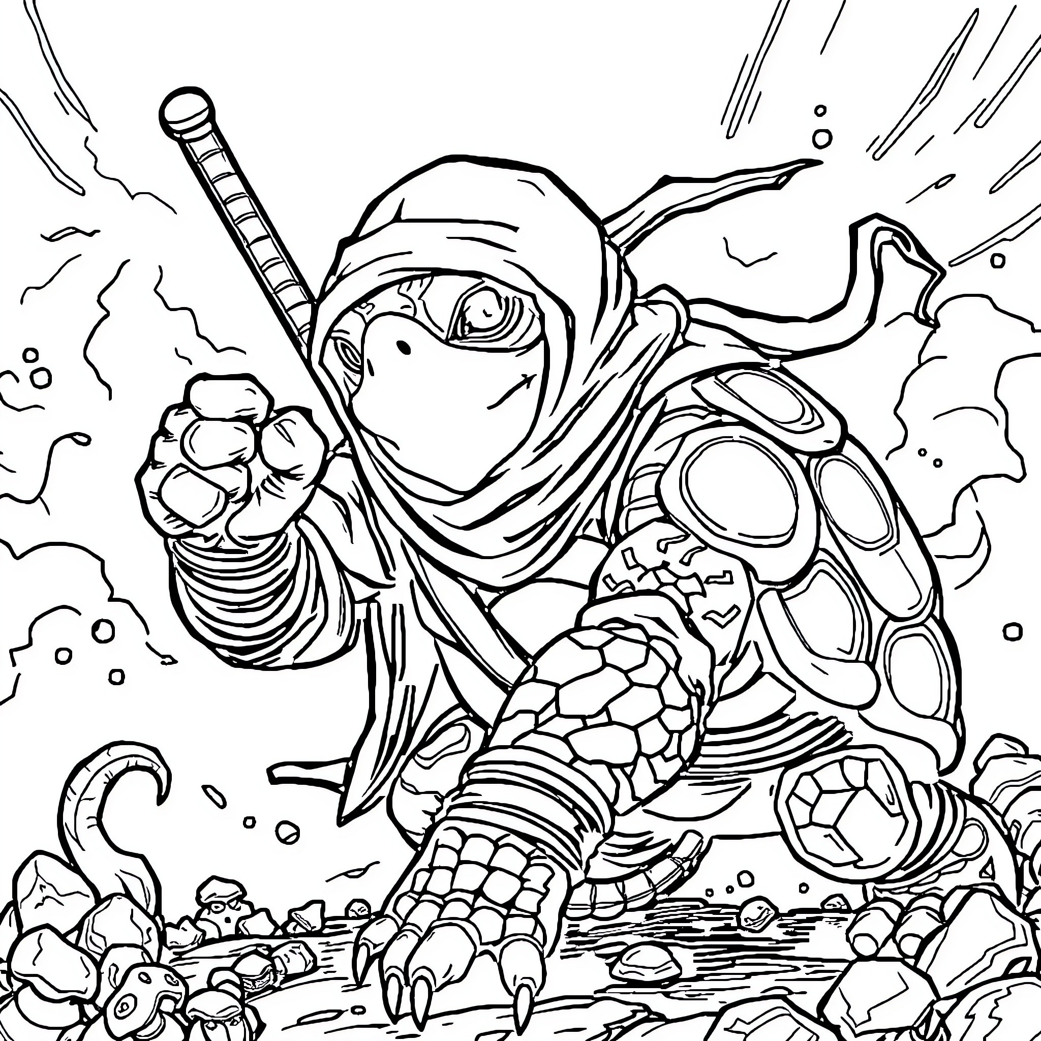 Ninja Turtle in Action-Packed Heroic Pose Coloring Page (free black-and-white line drawing printable PDF for all, from beginners to advanced learners, including children, teens, adults, and seniors)