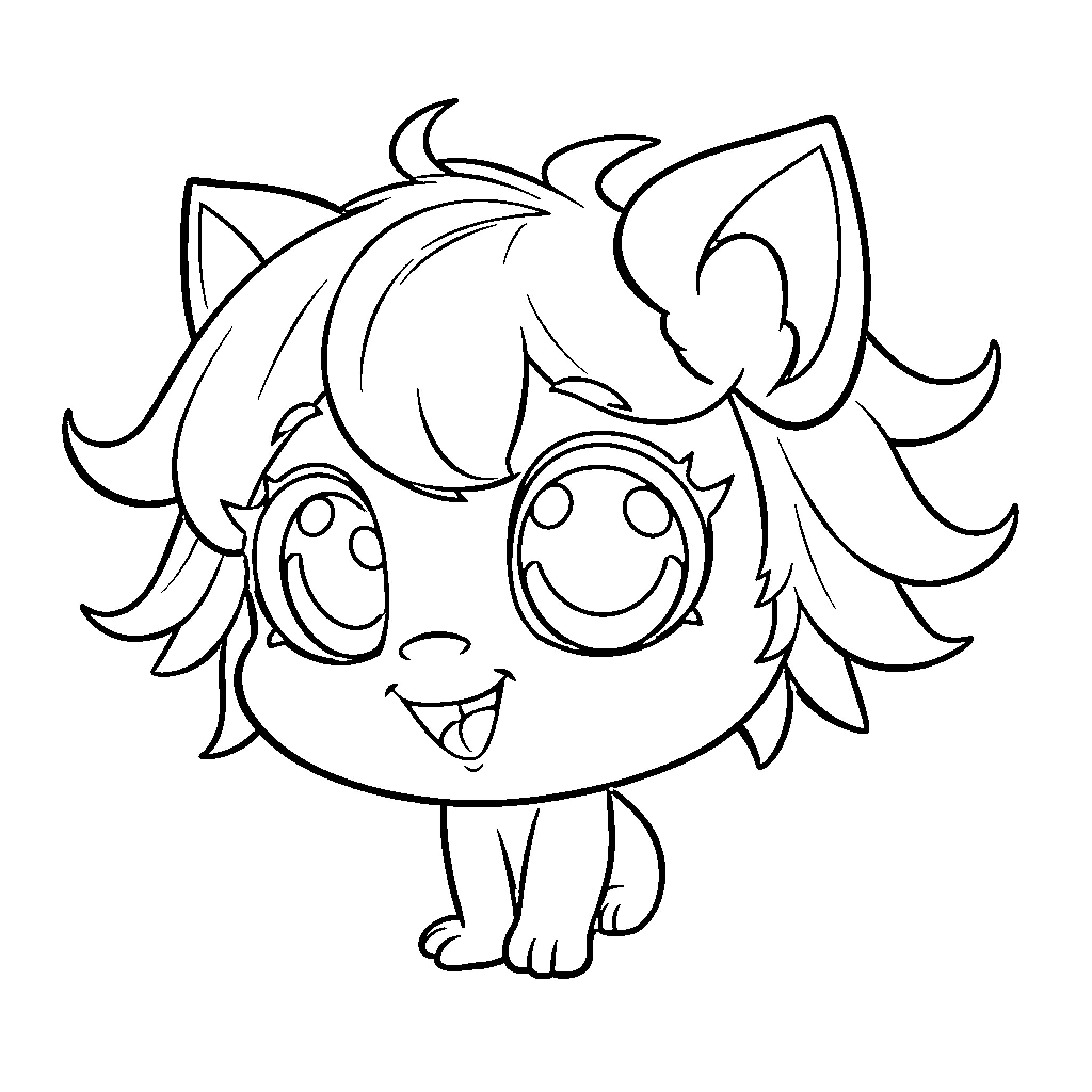 Kawaii Cartoon Cat with Excited Expression Coloring Page (free black-and-white line drawing printable PDF for all, from beginners to advanced learners, including children, teens, adults, and seniors)