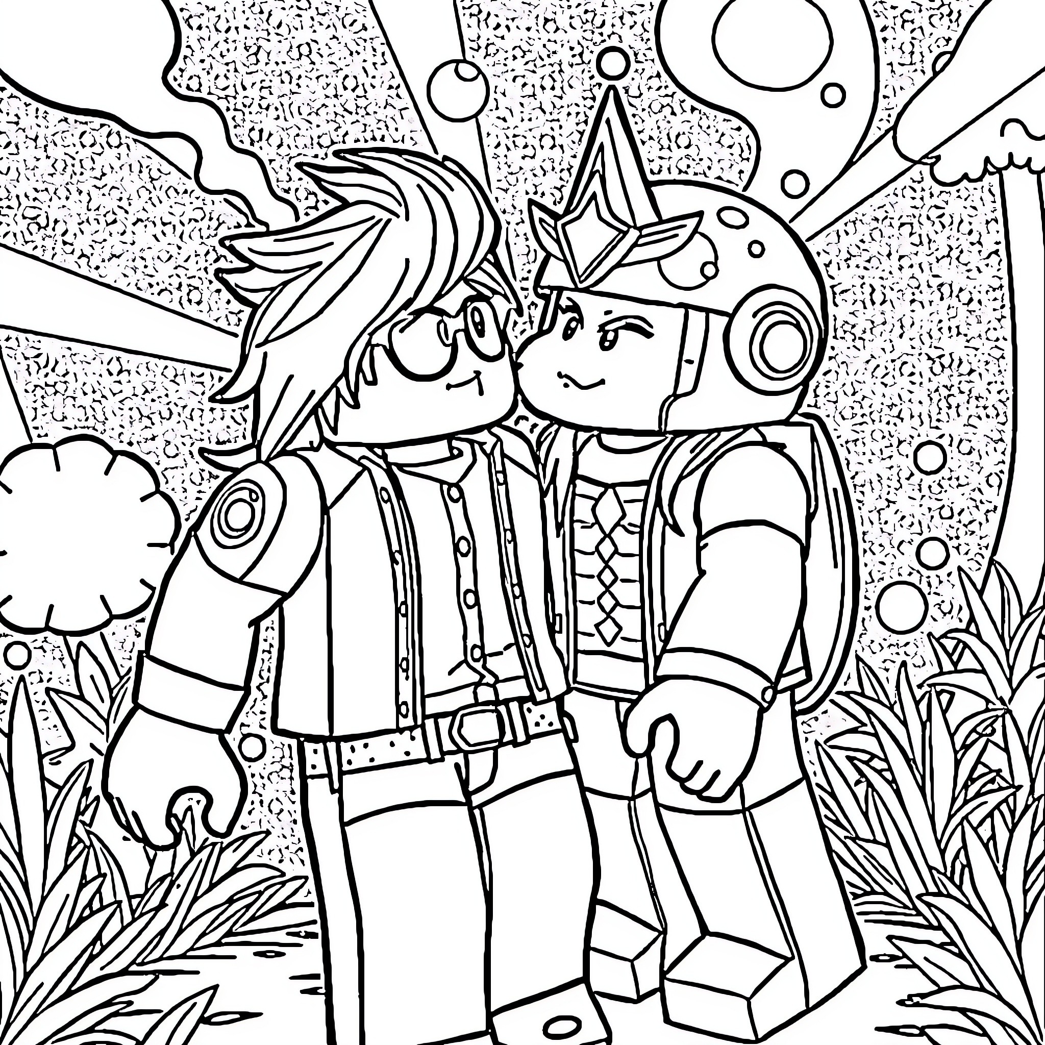 Dandy Adventurers Exploring a Whimsical Landscape Coloring Page (free black-and-white line drawing printable PDF for all, from beginners to advanced learners, including children, teens, adults, and seniors)