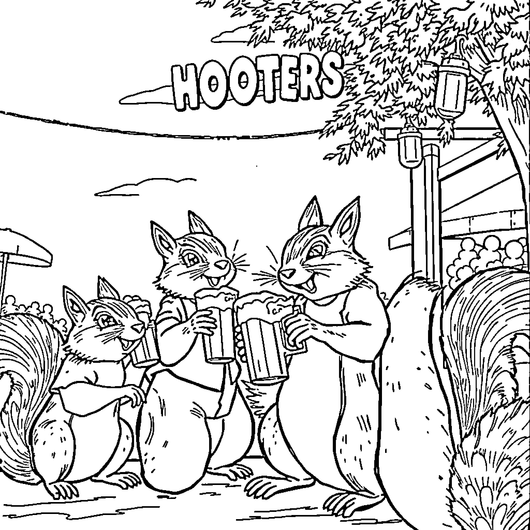Squirrels drinking beverages at a Hooters-style establishment Coloring Page (free black-and-white line drawing printable PDF for all, from beginners to advanced learners, including children, teens, adults, and seniors)