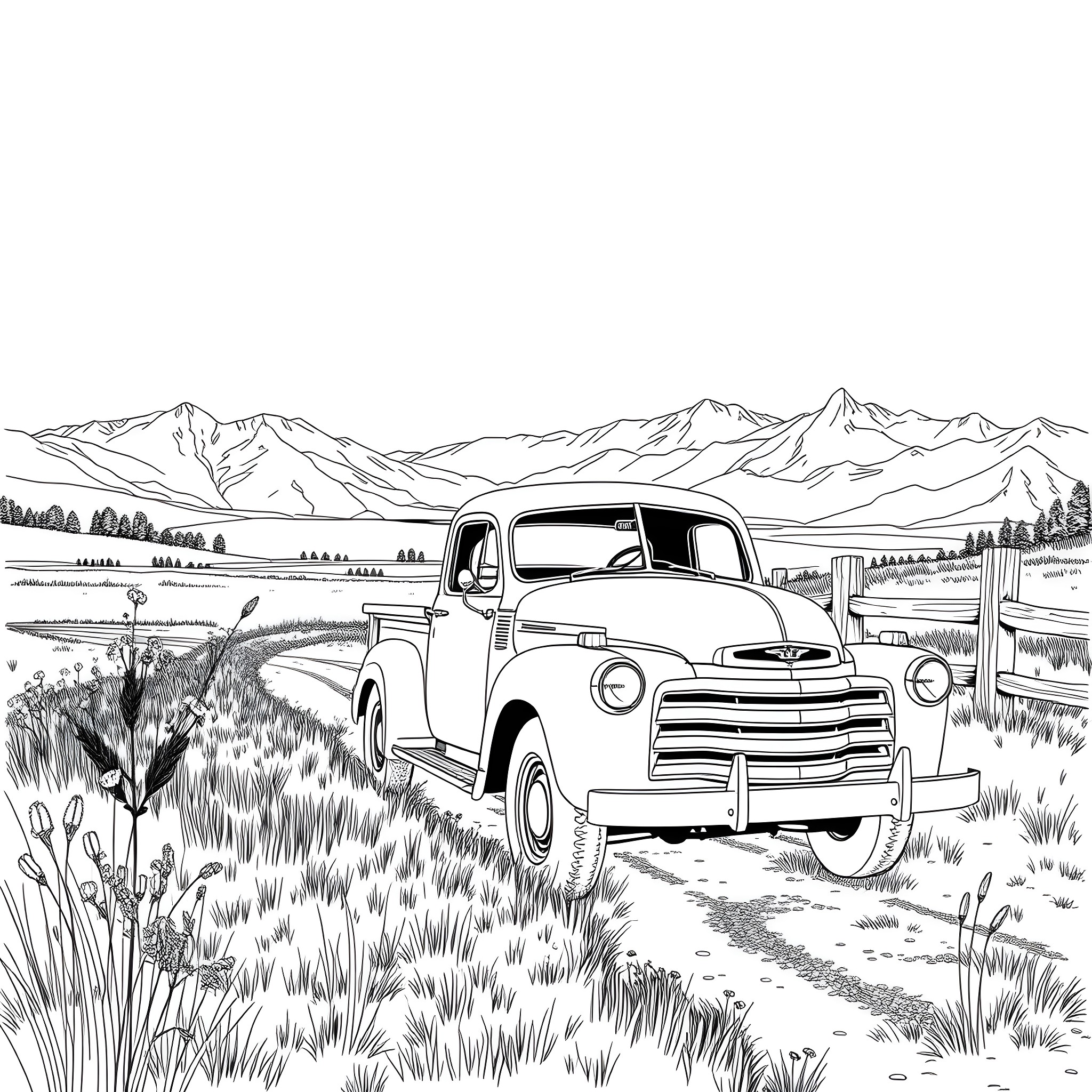 Truck Parked in Scenic Mountain Landscape Coloring Page (free black-and-white line drawing printable PDF for all, from beginners to advanced learners, including children, teens, adults, and seniors)