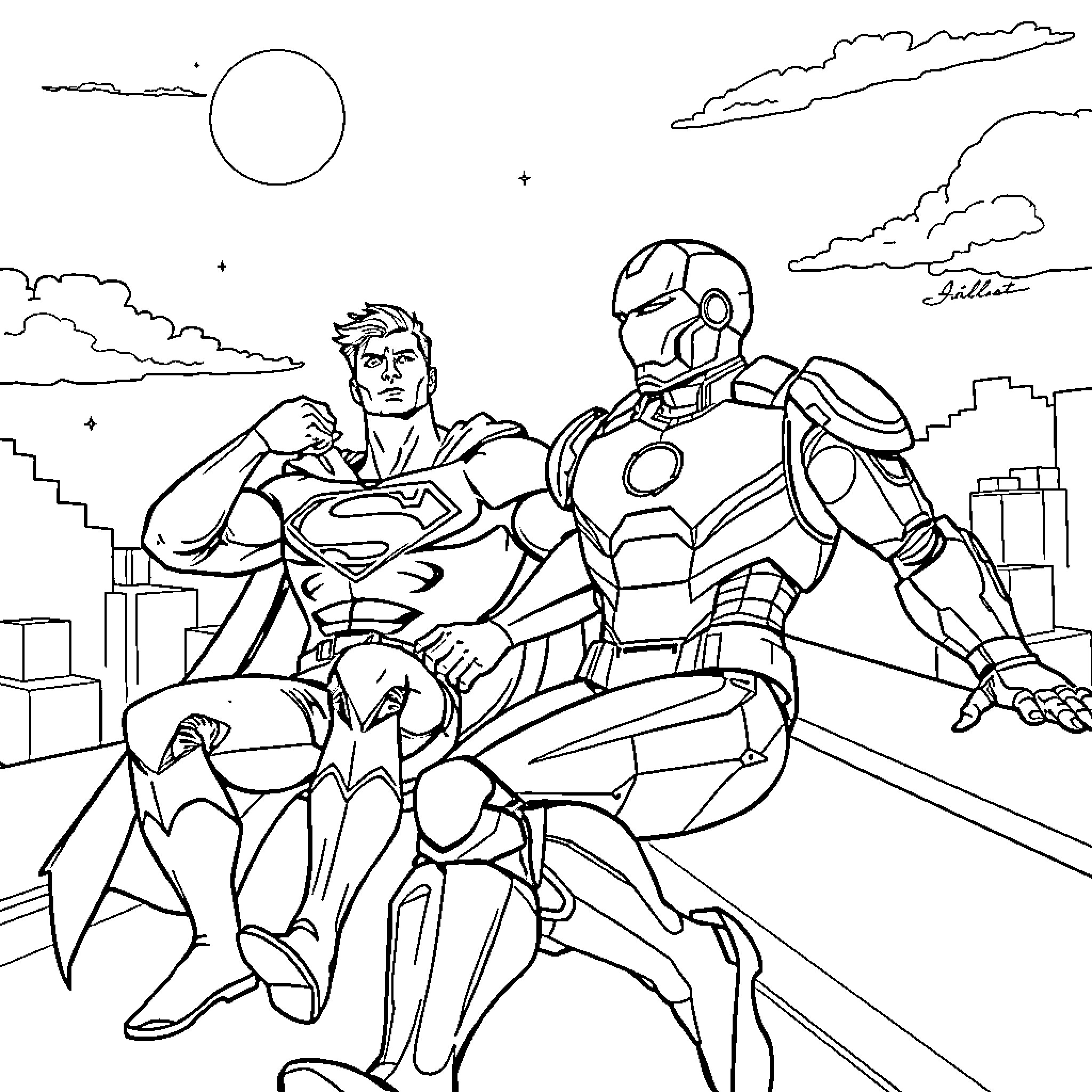 Superman and Iron Man fighting heroically in the city Coloring Page (free black-and-white line drawing printable PDF for all, from beginners to advanced learners, including children, teens, adults, and seniors)