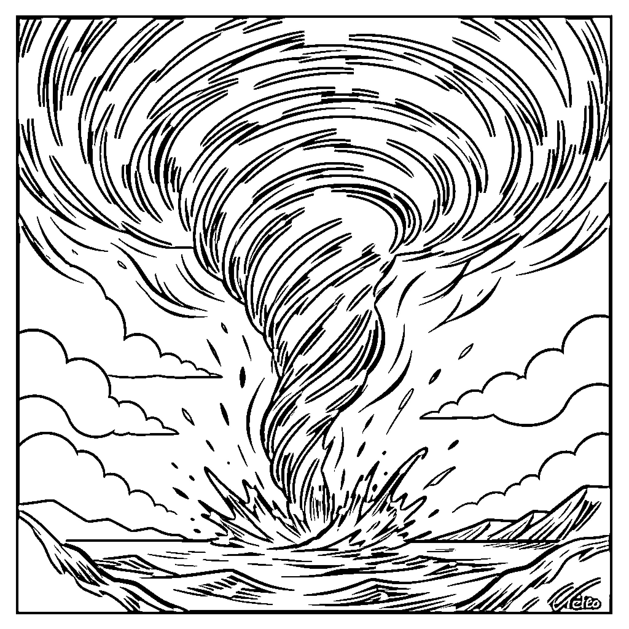 Tornado swirling over stormy landscape Coloring Page (free black-and-white line drawing printable PDF for all, from beginners to advanced learners, including children, teens, adults, and seniors)