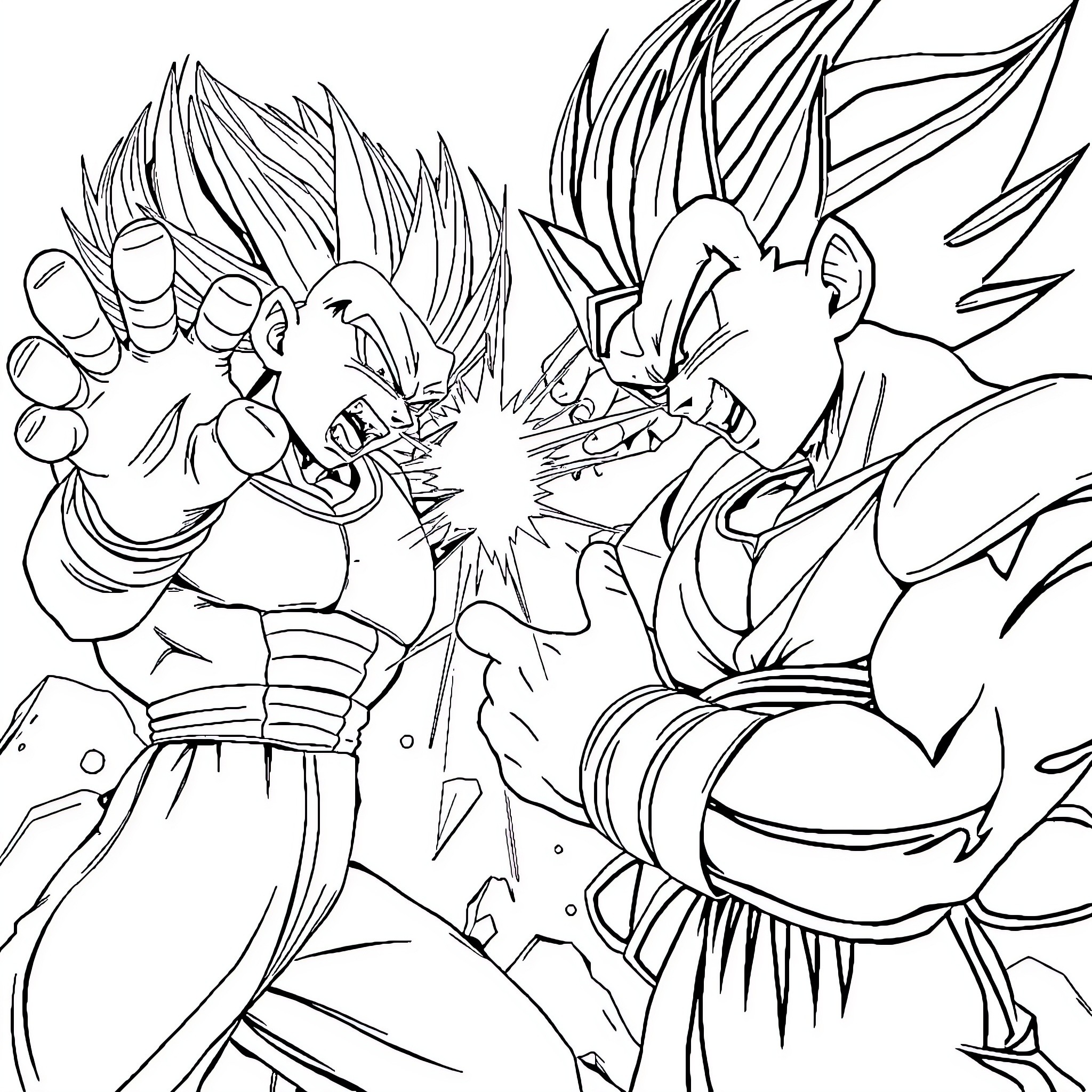 Vegeta engaged in intense battle with powerful adversary Coloring Page (free black-and-white line drawing printable PDF for all, from beginners to advanced learners, including children, teens, adults, and seniors)