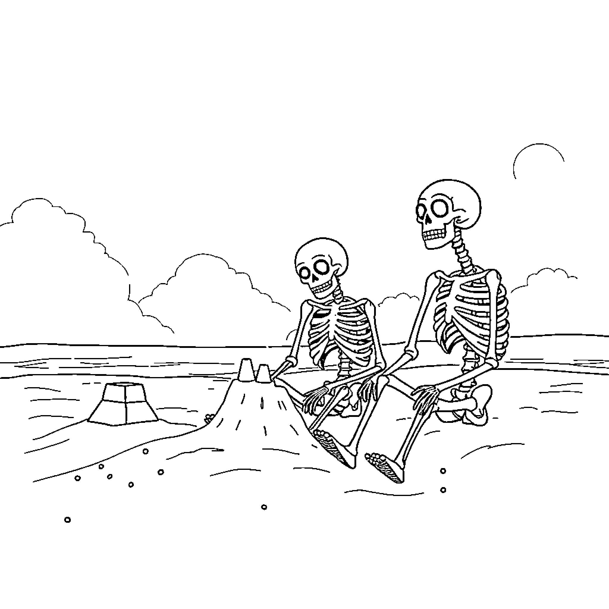 Skeleton friends relaxing on the beach Coloring Page (free black-and-white line drawing printable PDF for all, from beginners to advanced learners, including children, teens, adults, and seniors)