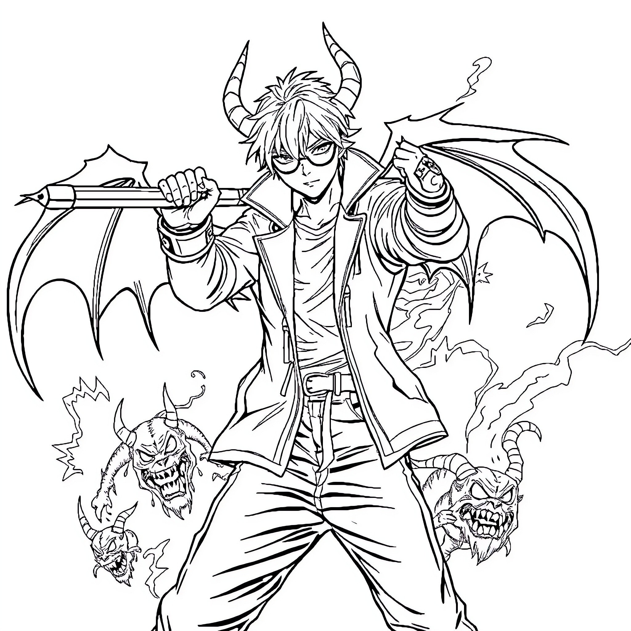 Demon Hunter stands ready to battle fierce beasts Coloring Page (free black-and-white line drawing printable PDF for all, from beginners to advanced learners, including children, teens, adults, and seniors)