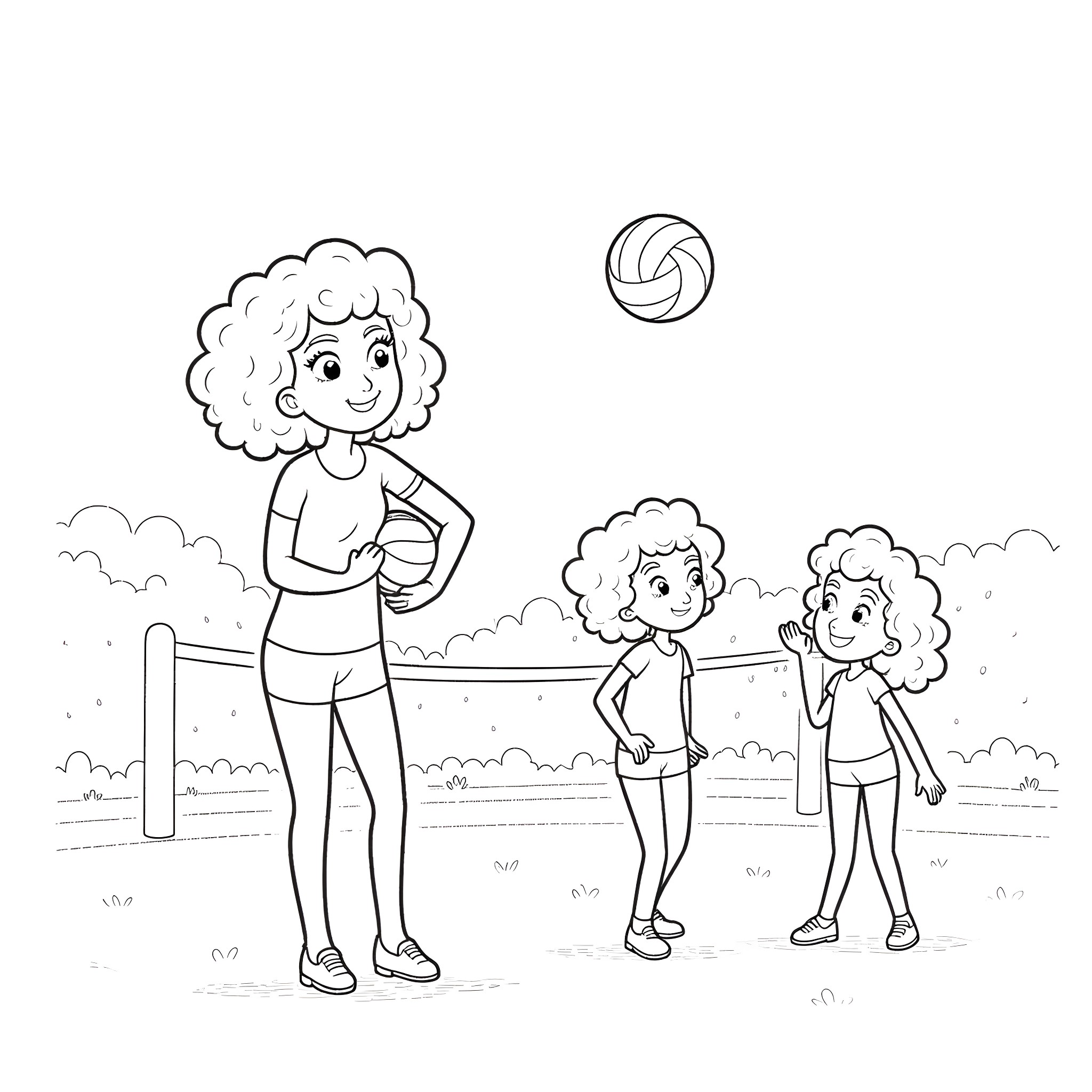 Mega Mindy and friends playing volleyball Coloring Page (free black-and-white line drawing printable PDF for all, from beginners to advanced learners, including children, teens, adults, and seniors)