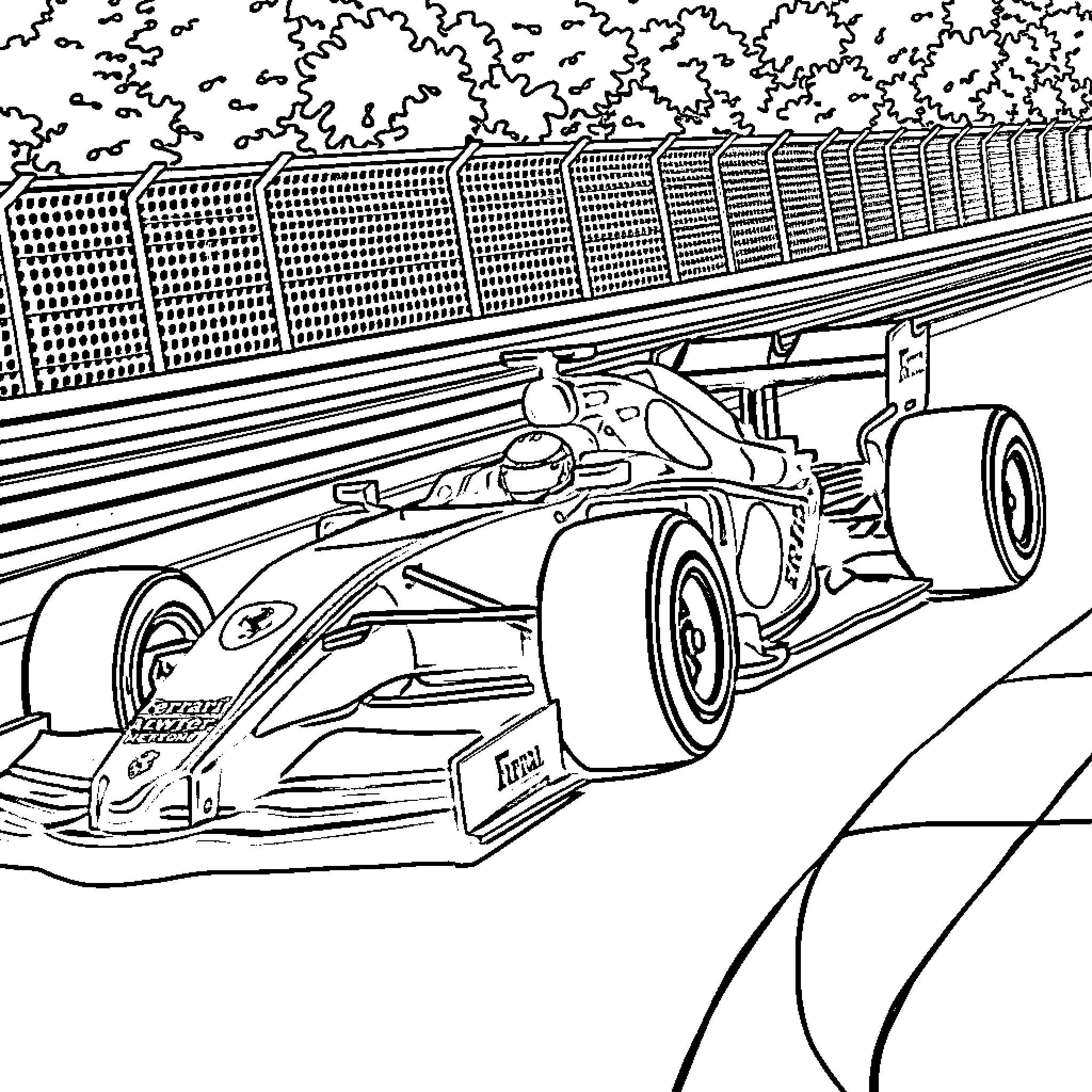 Ferrari Formula One Race Car on Track Coloring Page (free black-and-white line drawing printable PDF for all, from beginners to advanced learners, including children, teens, adults, and seniors)