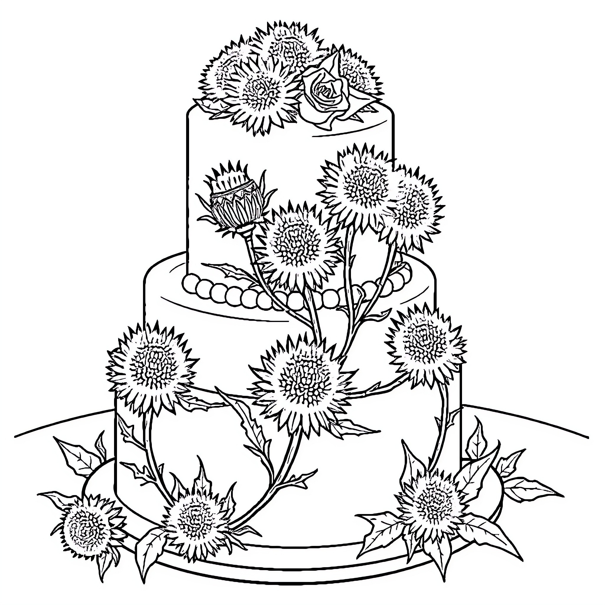 Wedding Cake with Elaborate Floral Decorations Coloring Page (free black-and-white line drawing printable PDF for all, from beginners to advanced learners, including children, teens, adults, and seniors)