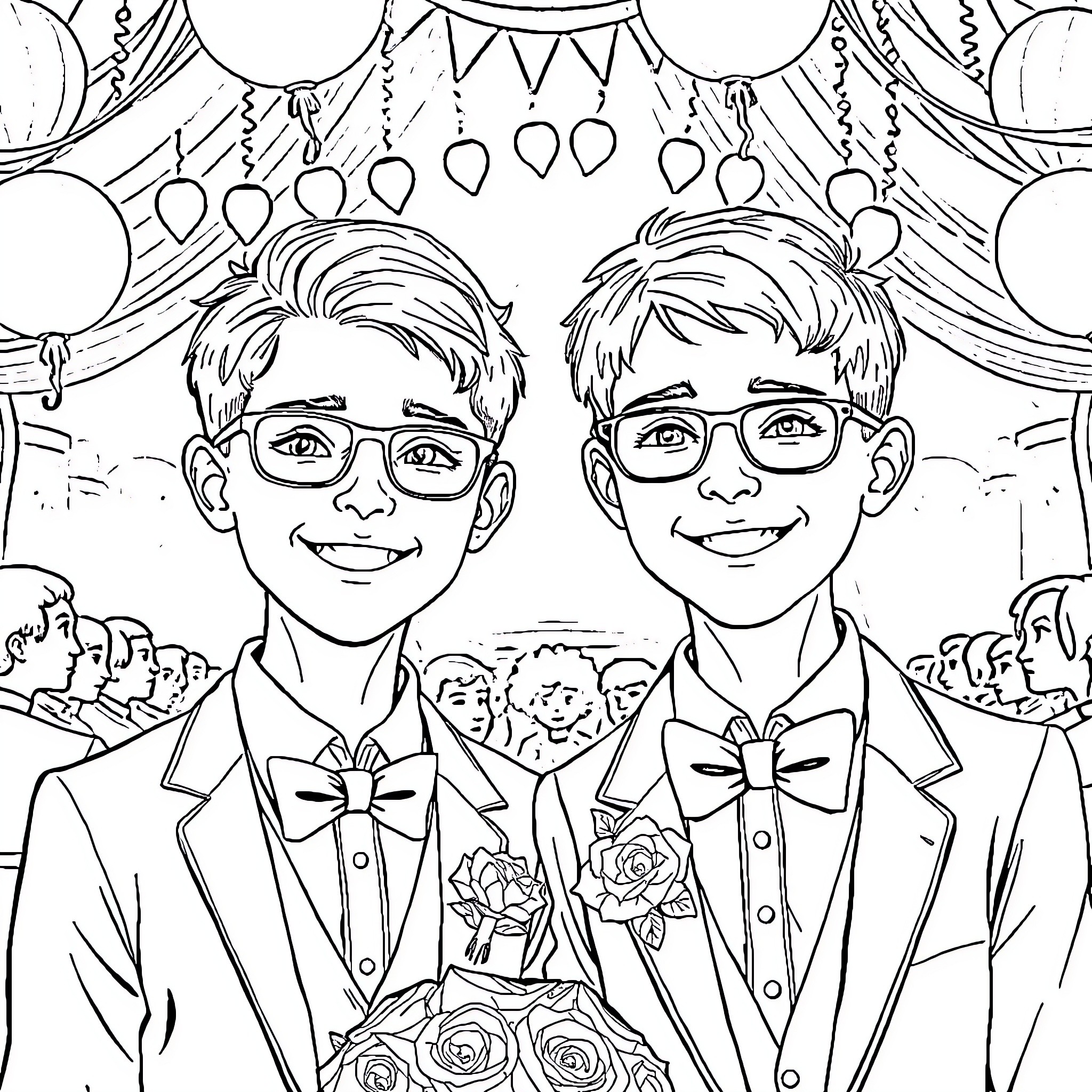 Boys Dressed Up for a Celebration Coloring Page (free black-and-white line drawing printable PDF for all, from beginners to advanced learners, including children, teens, adults, and seniors)