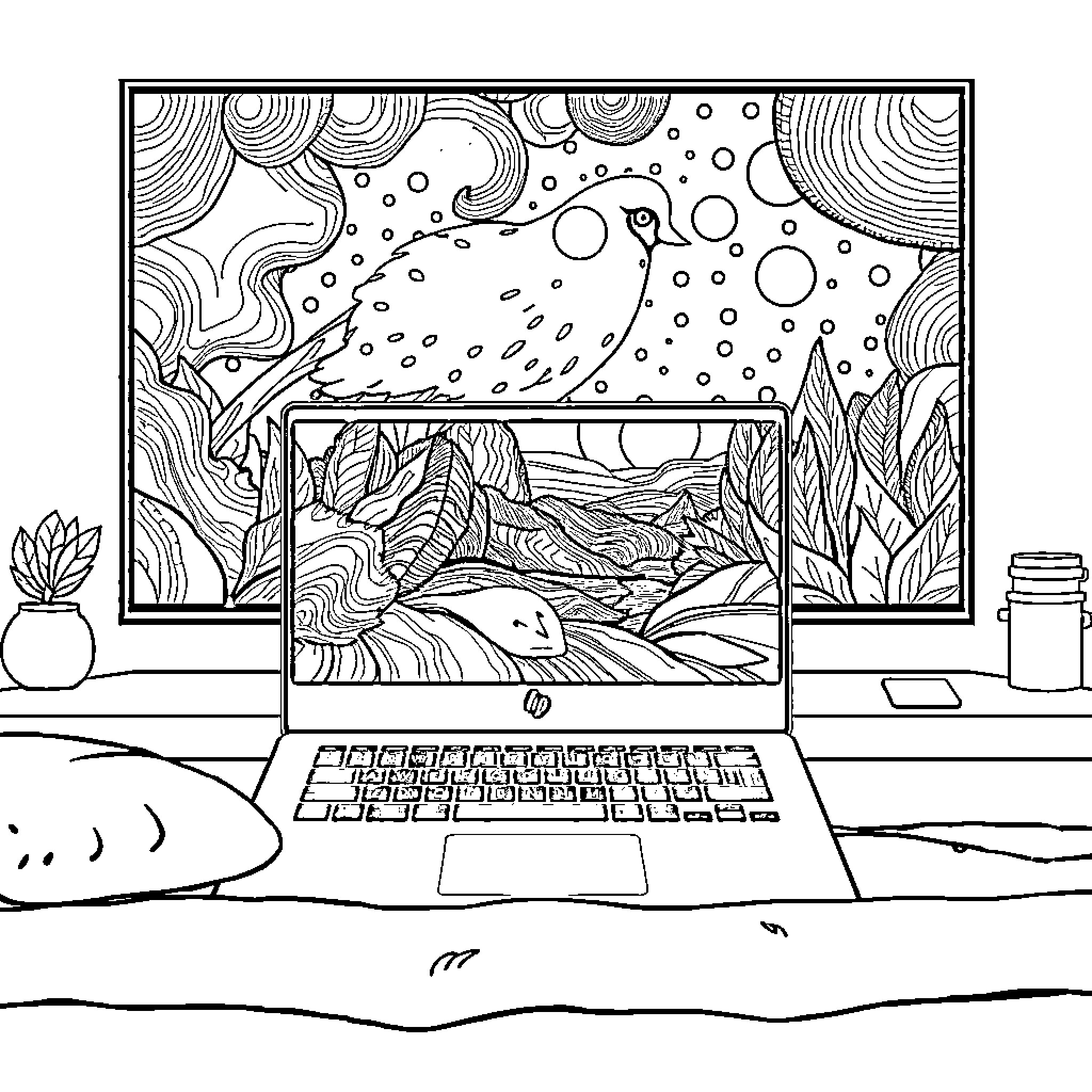 Chromebook displaying serene landscape Coloring Page (free black-and-white line drawing printable PDF for all, from beginners to advanced learners, including children, teens, adults, and seniors)