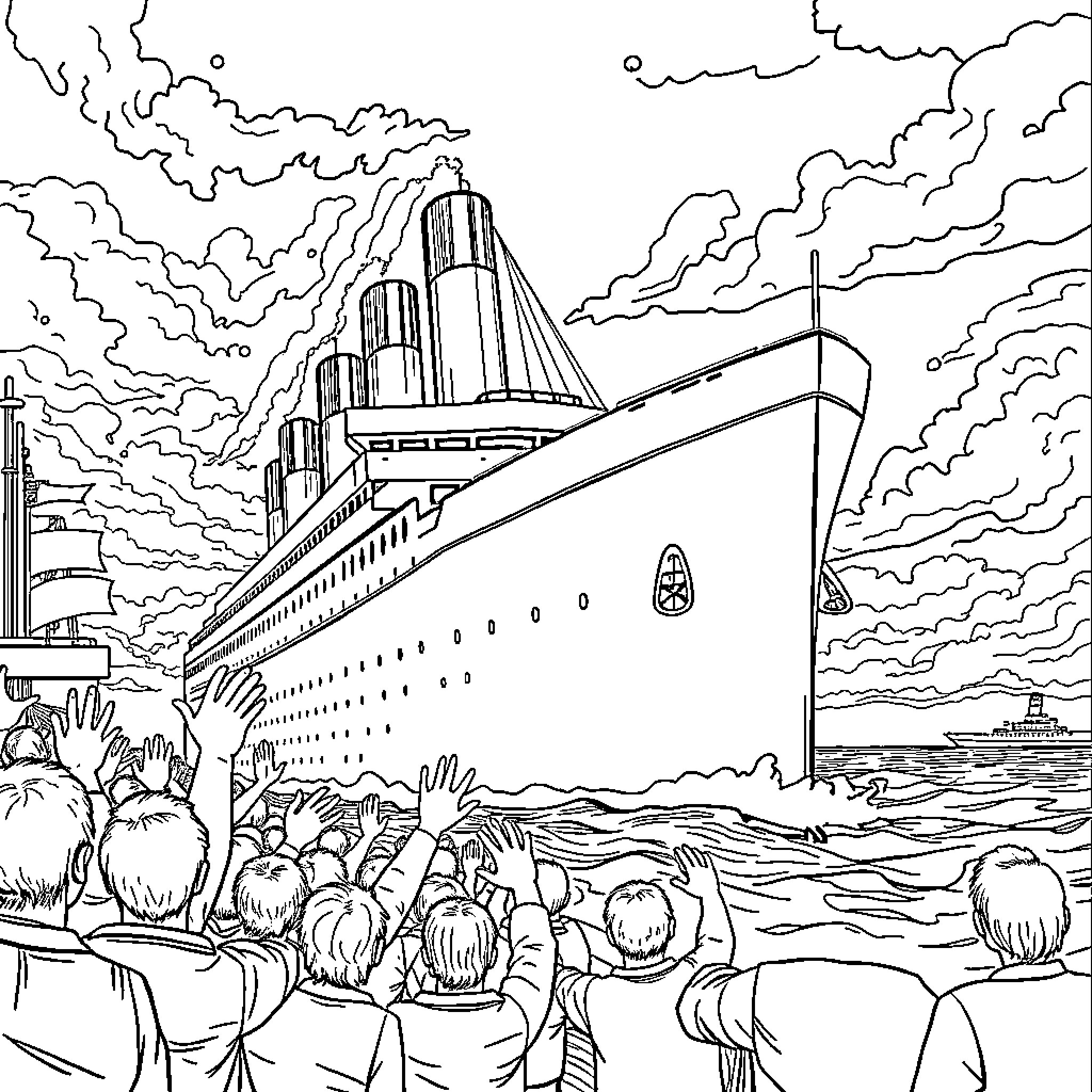 Titanic Passengers Watching Ship Depart Coloring Page (free black-and-white line drawing printable PDF for all, from beginners to advanced learners, including children, teens, adults, and seniors)