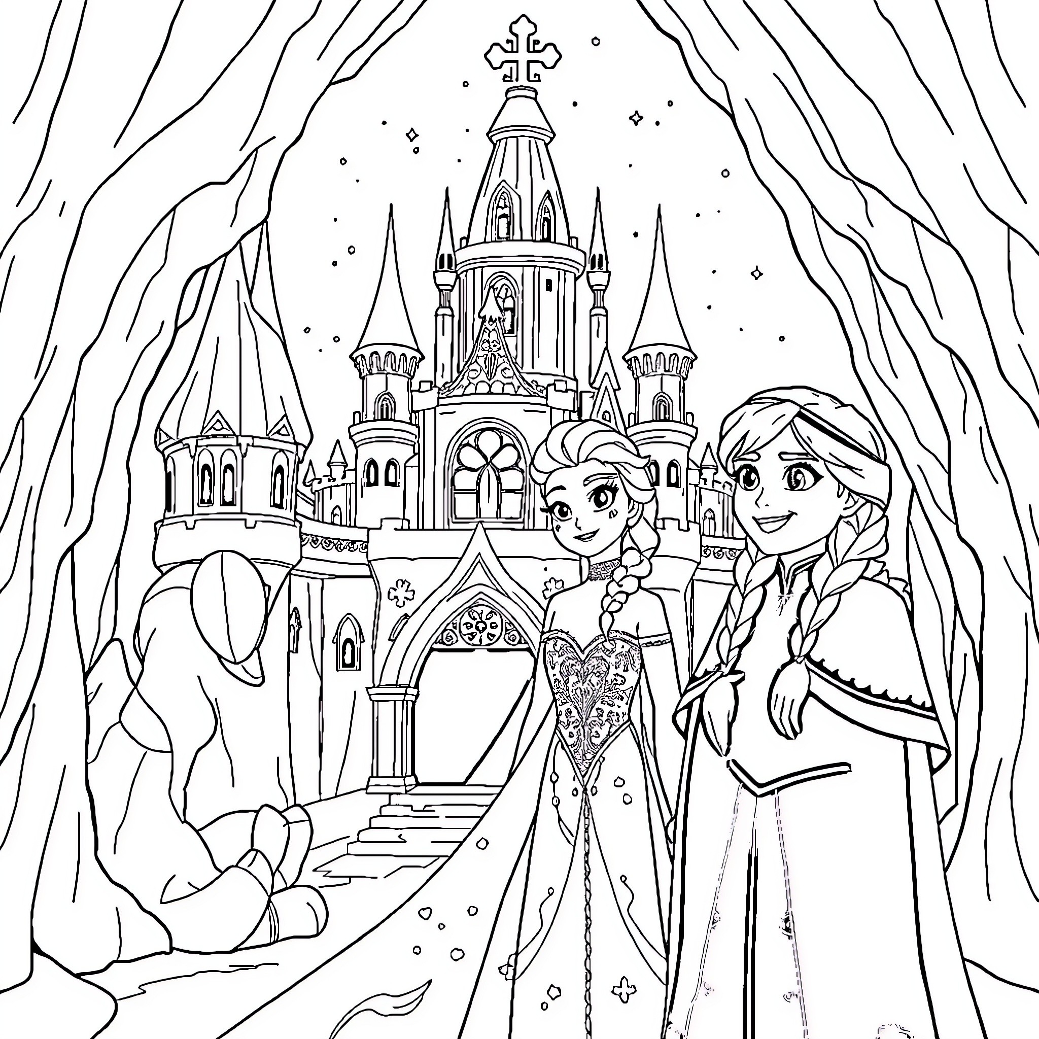 Elsa and Anna exploring the magical castle Coloring Page (free black-and-white line drawing printable PDF for all, from beginners to advanced learners, including children, teens, adults, and seniors)