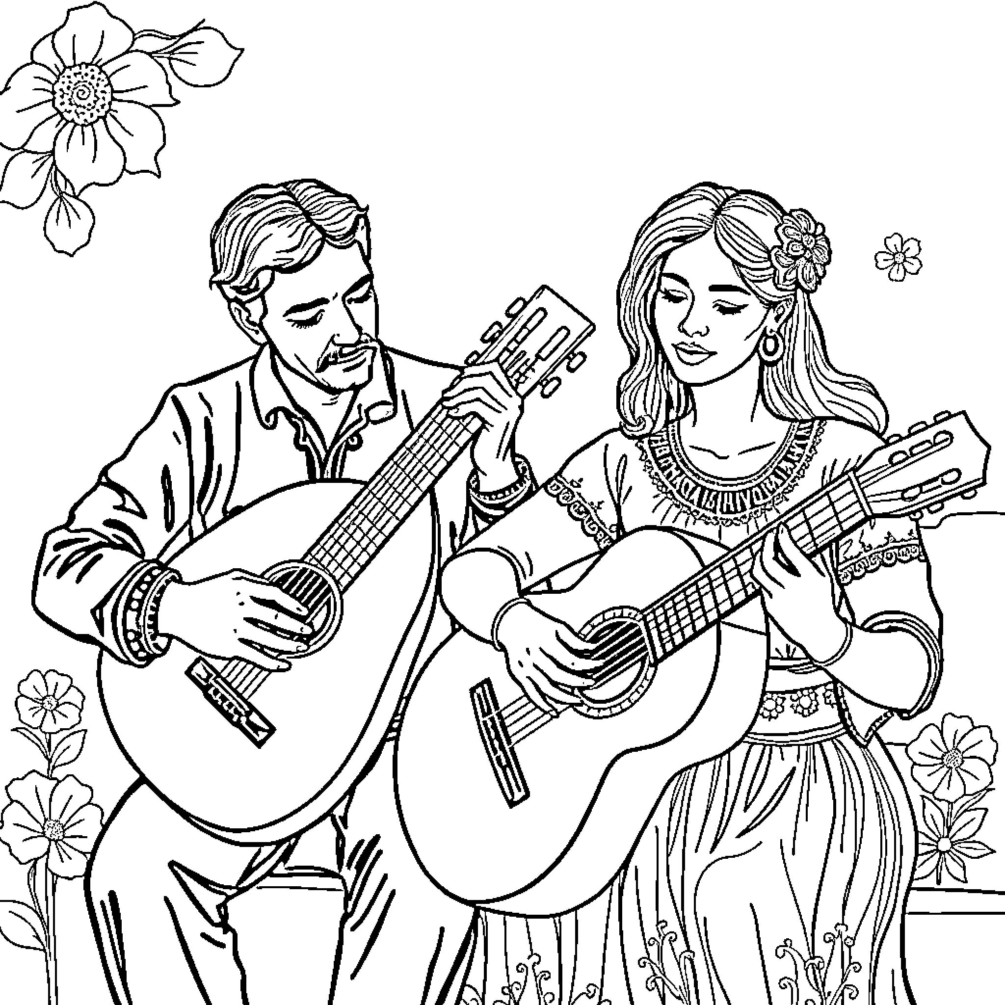 Gralla: Couple playing guitars in a flower-filled setting Coloring Page (free black-and-white line drawing printable PDF for all, from beginners to advanced learners, including children, teens, adults, and seniors)