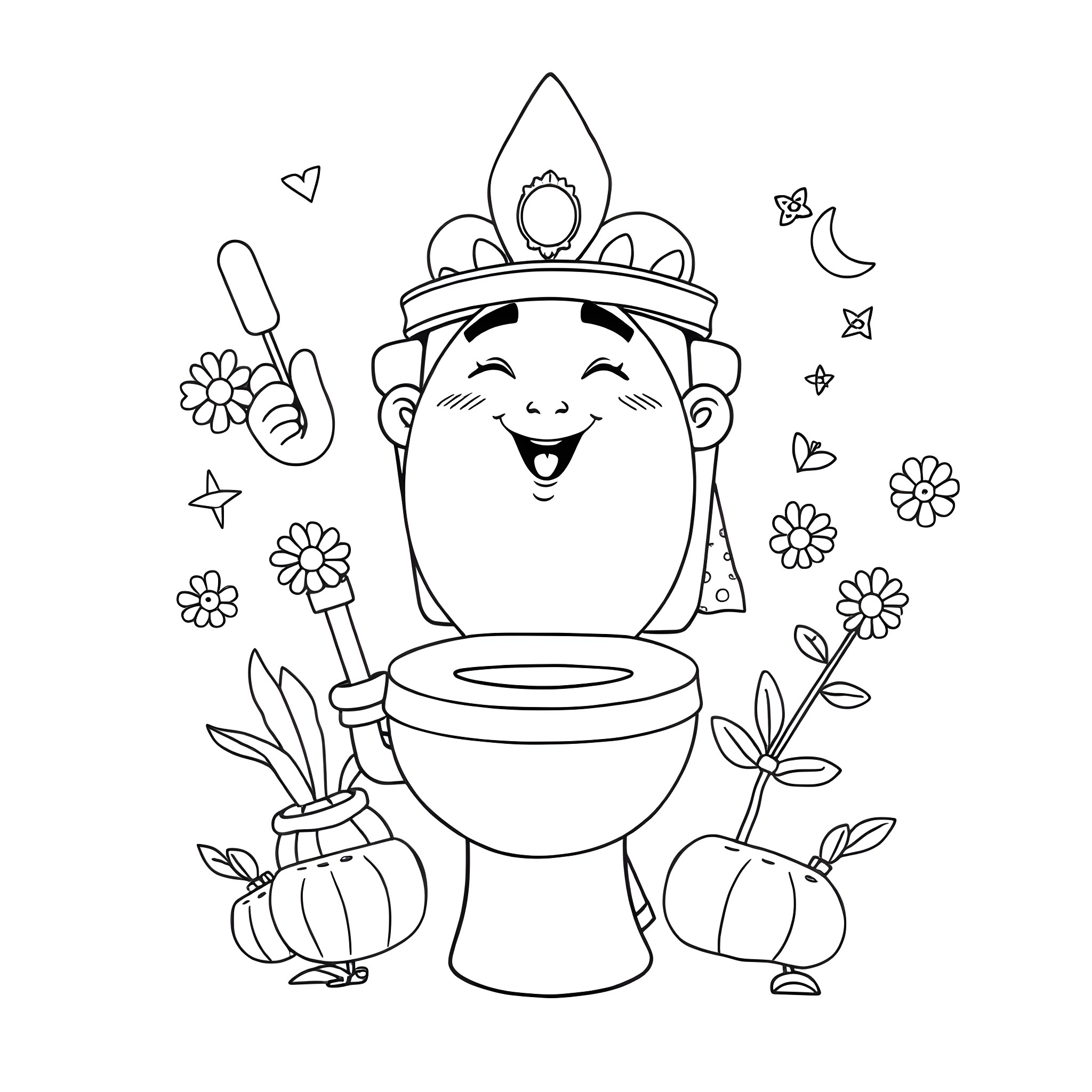 Skibidi Toilet Antics with Crown and Flowers Coloring Page (free black-and-white line drawing printable PDF for all, from beginners to advanced learners, including children, teens, adults, and seniors)