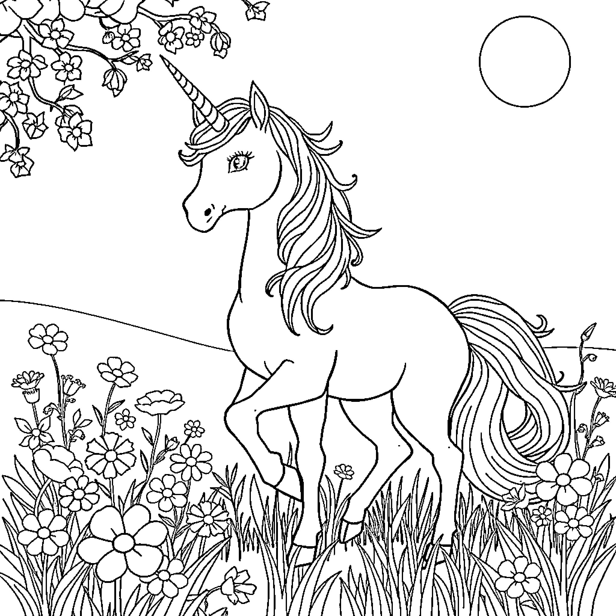 Unicorn in a Magical Floral Meadow Coloring Page (free black-and-white line drawing printable PDF for all, from beginners to advanced learners, including children, teens, adults, and seniors)