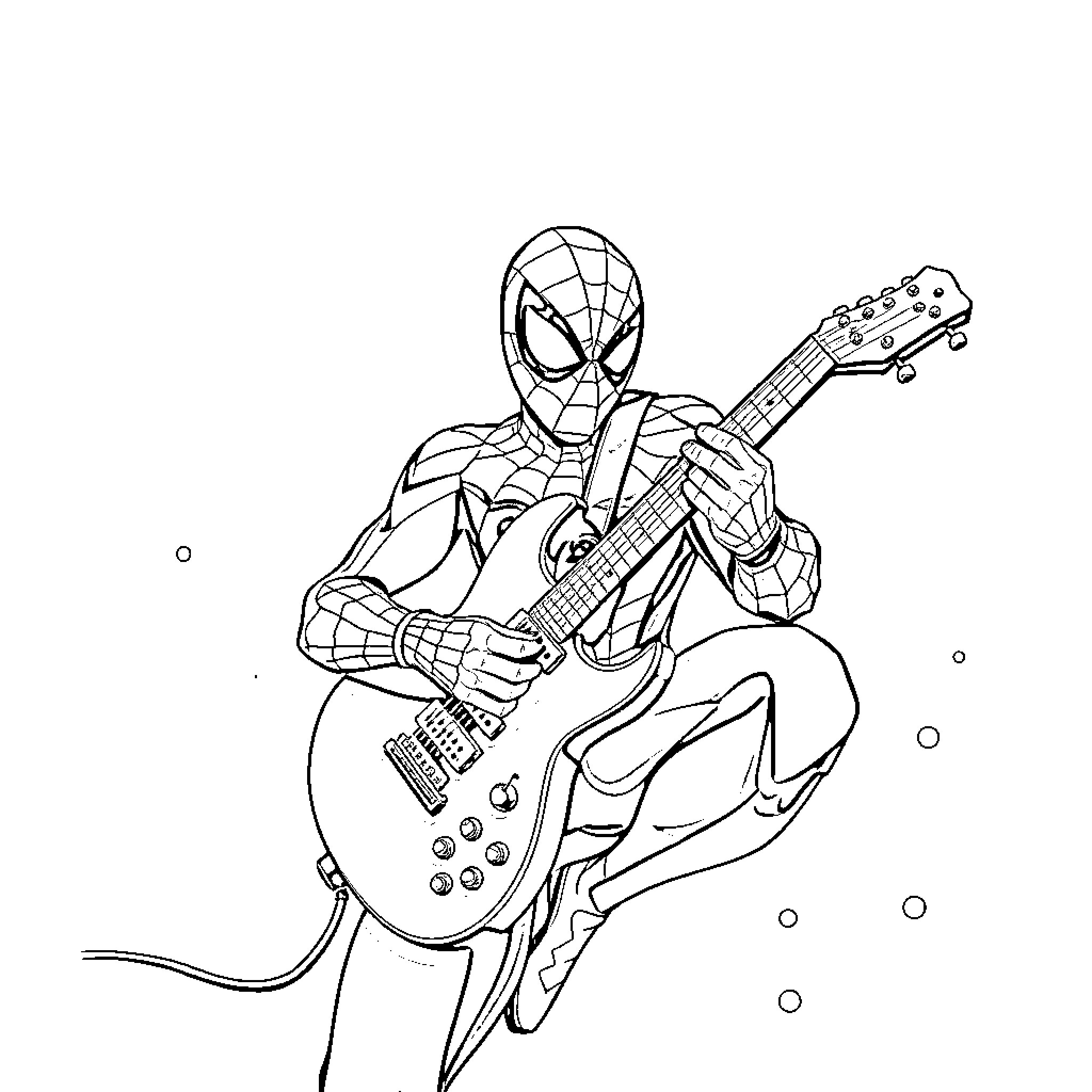 Spider-Man Rocking Out with Electric Guitar Coloring Page (free black-and-white line drawing printable PDF for all, from beginners to advanced learners, including children, teens, adults, and seniors)