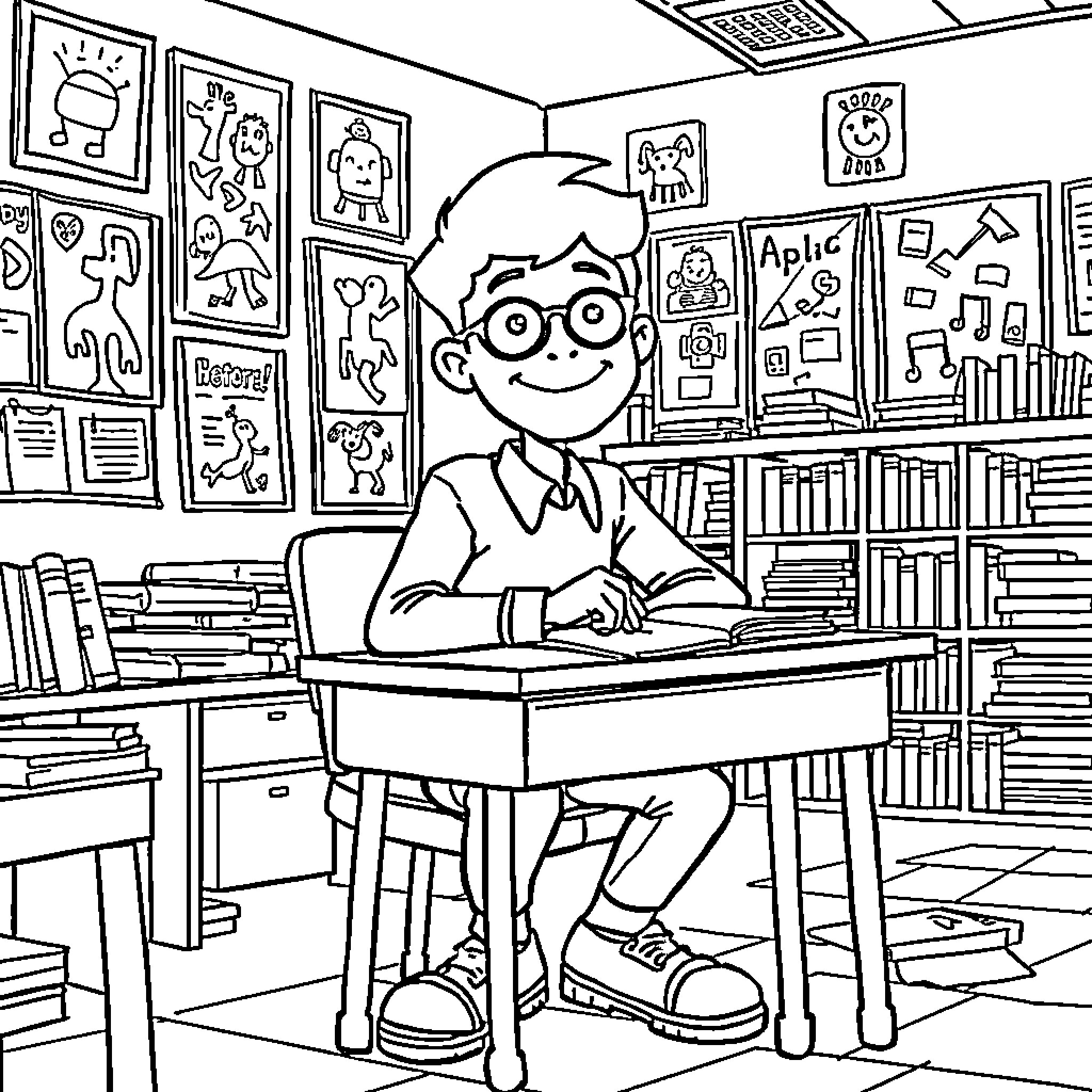 Tom Gates in the Classroom with Artwork Coloring Page (free black-and-white line drawing printable PDF for all, from beginners to advanced learners, including children, teens, adults, and seniors)