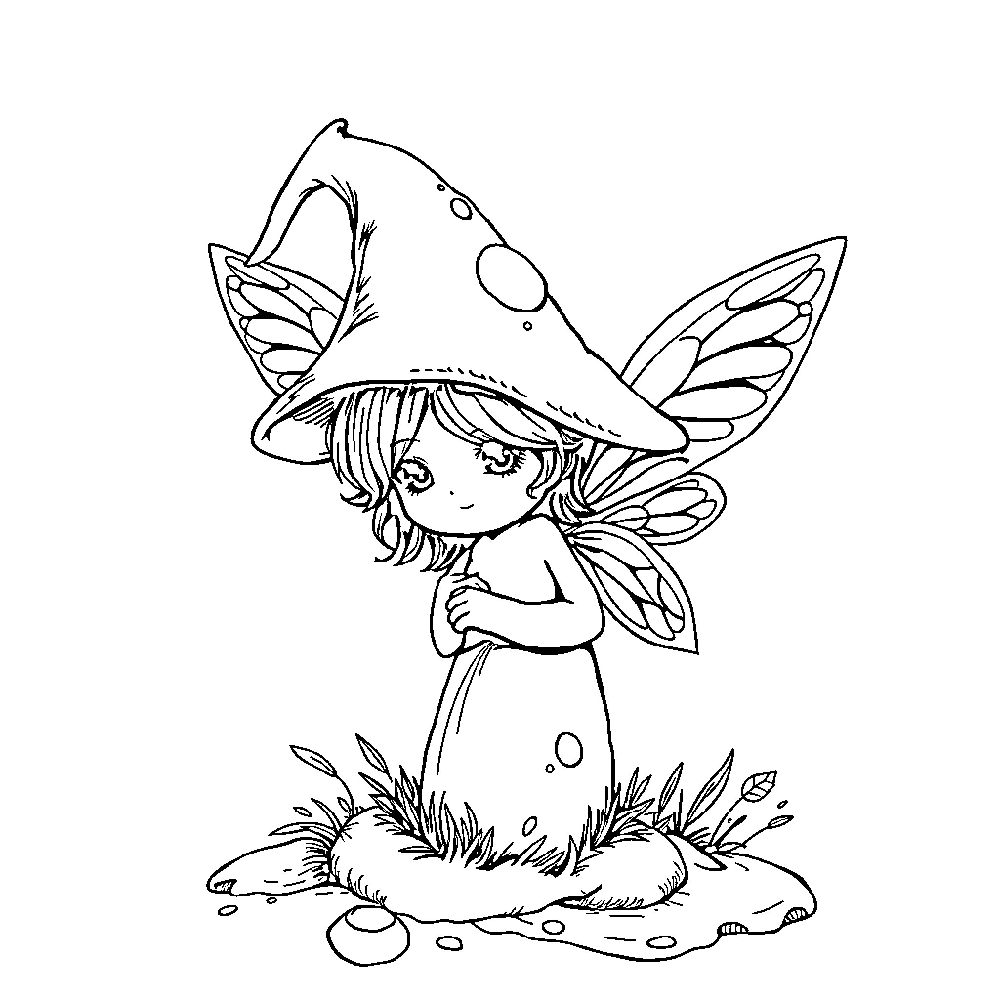 Mushroom fairy in enchanted forest Coloring Page (free black-and-white line drawing printable PDF for all, from beginners to advanced learners, including children, teens, adults, and seniors)