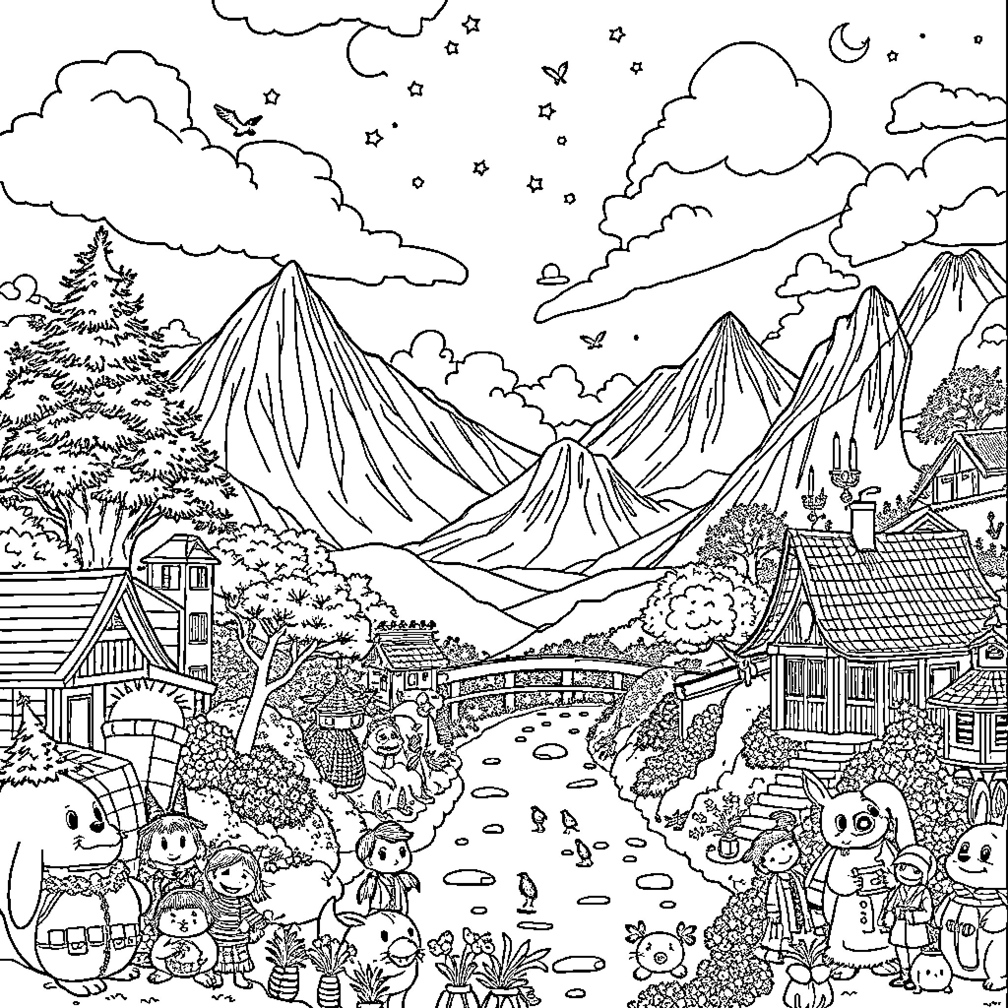 Studio Ghibli Whimsical Fantasy Landscape with Charming Characters Coloring Page (free black-and-white line drawing printable PDF for all, from beginners to advanced learners, including children, teens, adults, and seniors)