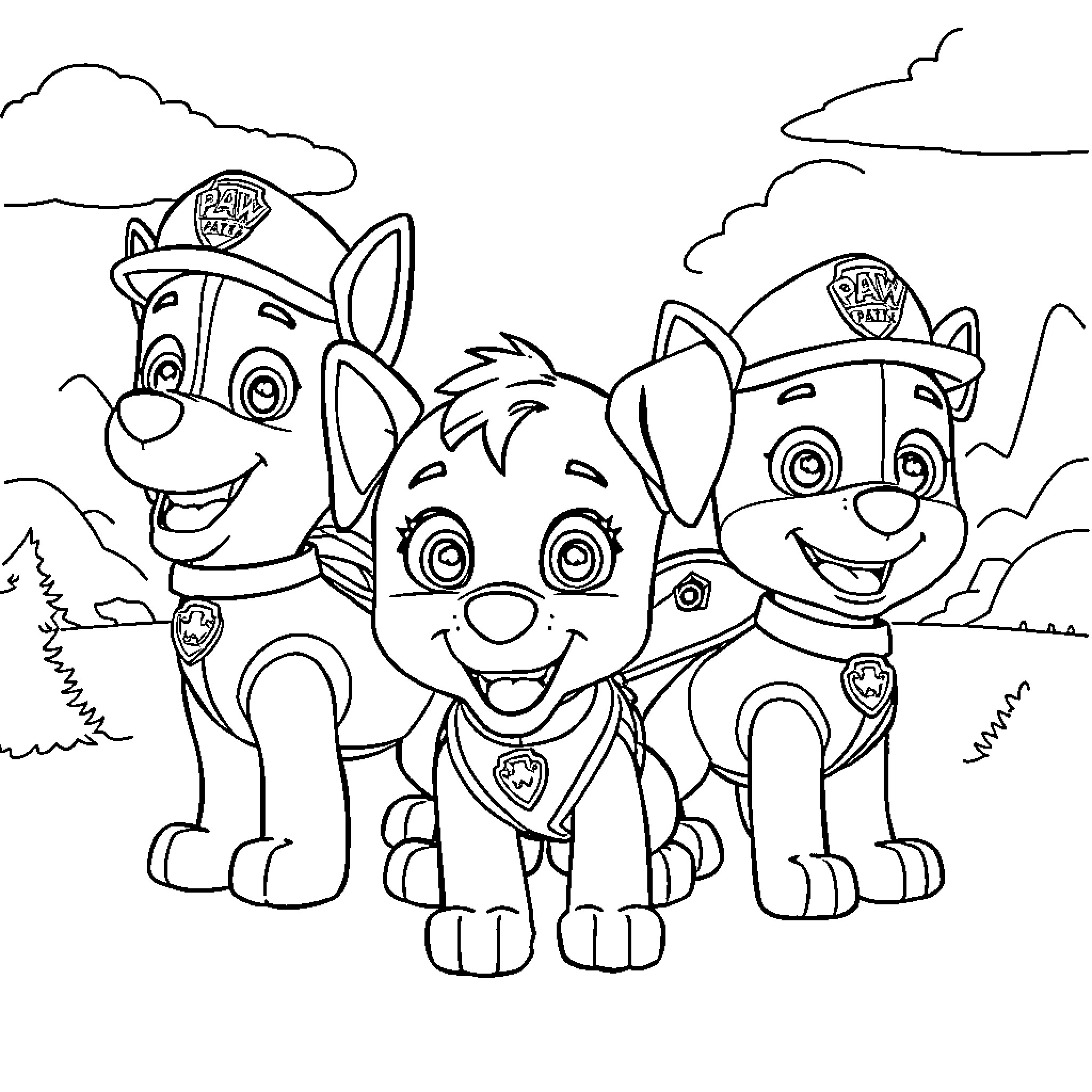 Paw Patrol Puppies Posing Happily Outdoors Coloring Page (free black-and-white line drawing printable PDF for all, from beginners to advanced learners, including children, teens, adults, and seniors)