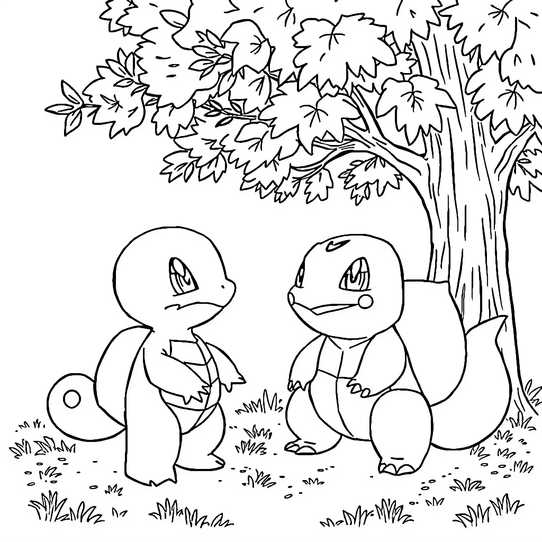 Squirtle characters enjoying a scenic outdoor setting Coloring Page (free black-and-white line drawing printable PDF for all, from beginners to advanced learners, including children, teens, adults, and seniors)