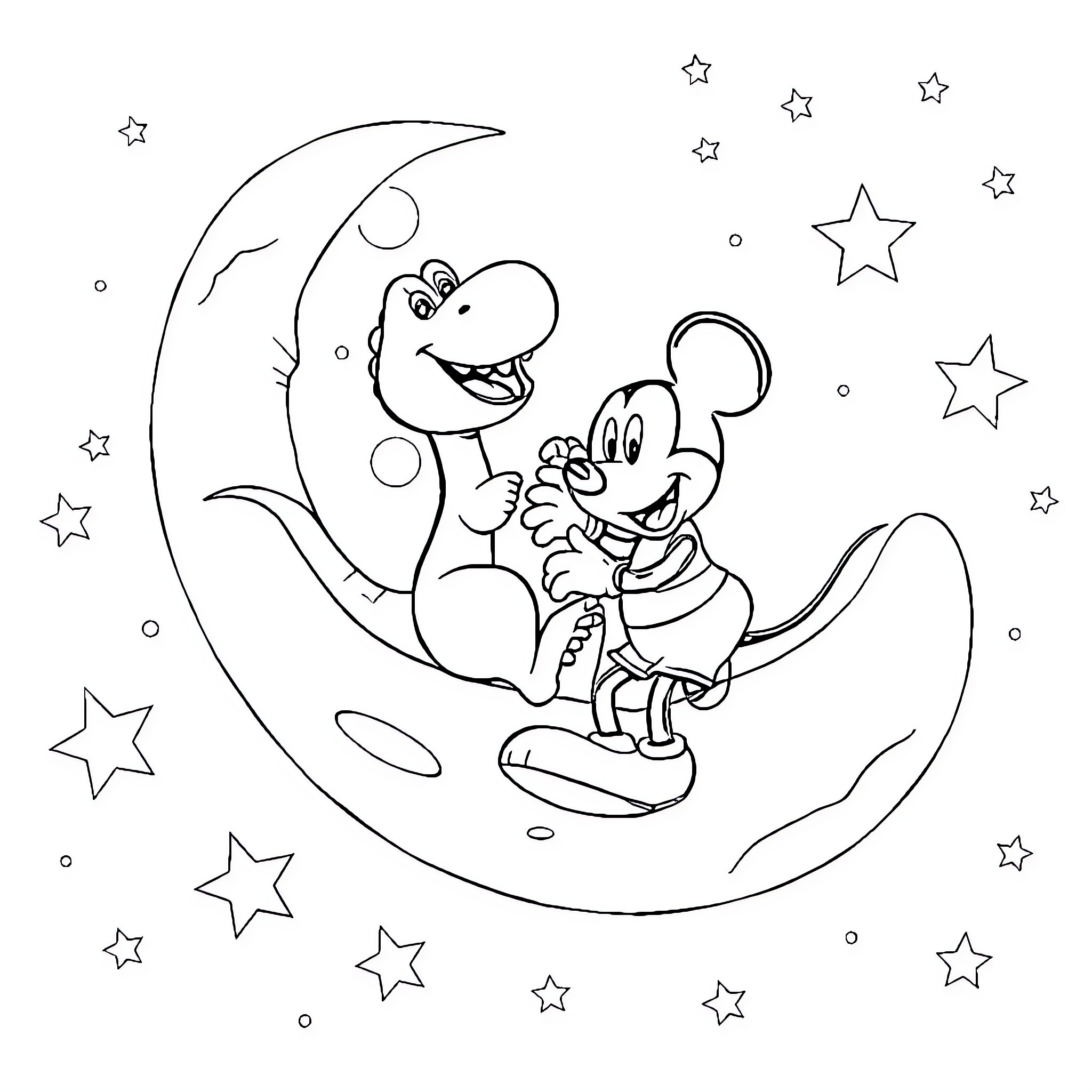 Barney and Mickey Mouse on the Crescent Moon Coloring Page (free black-and-white line drawing printable PDF for all, from beginners to advanced learners, including children, teens, adults, and seniors)