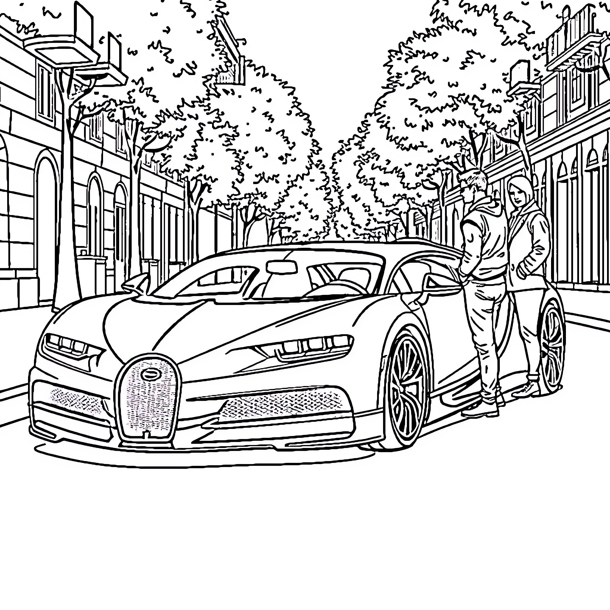 Bugatti Supercar Parked on City Street Coloring Page (free black-and-white line drawing printable PDF for all, from beginners to advanced learners, including children, teens, adults, and seniors)