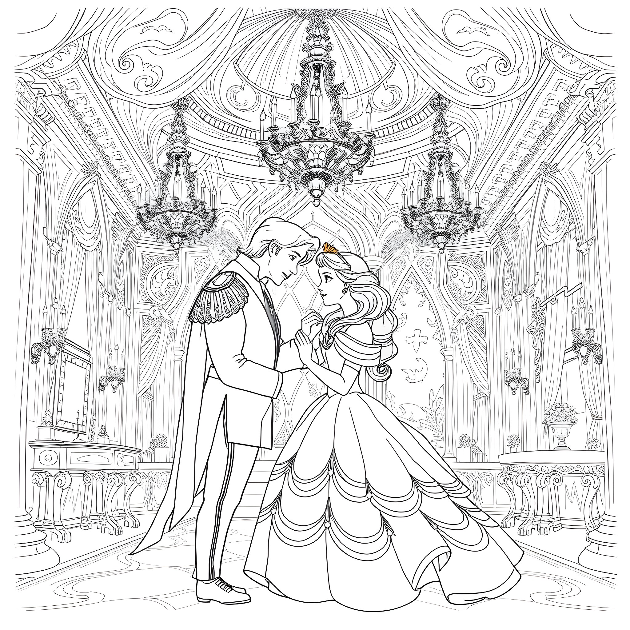 Belle's Enchanting Ballroom Dance Coloring Page (free black-and-white line drawing printable PDF for all, from beginners to advanced learners, including children, teens, adults, and seniors)