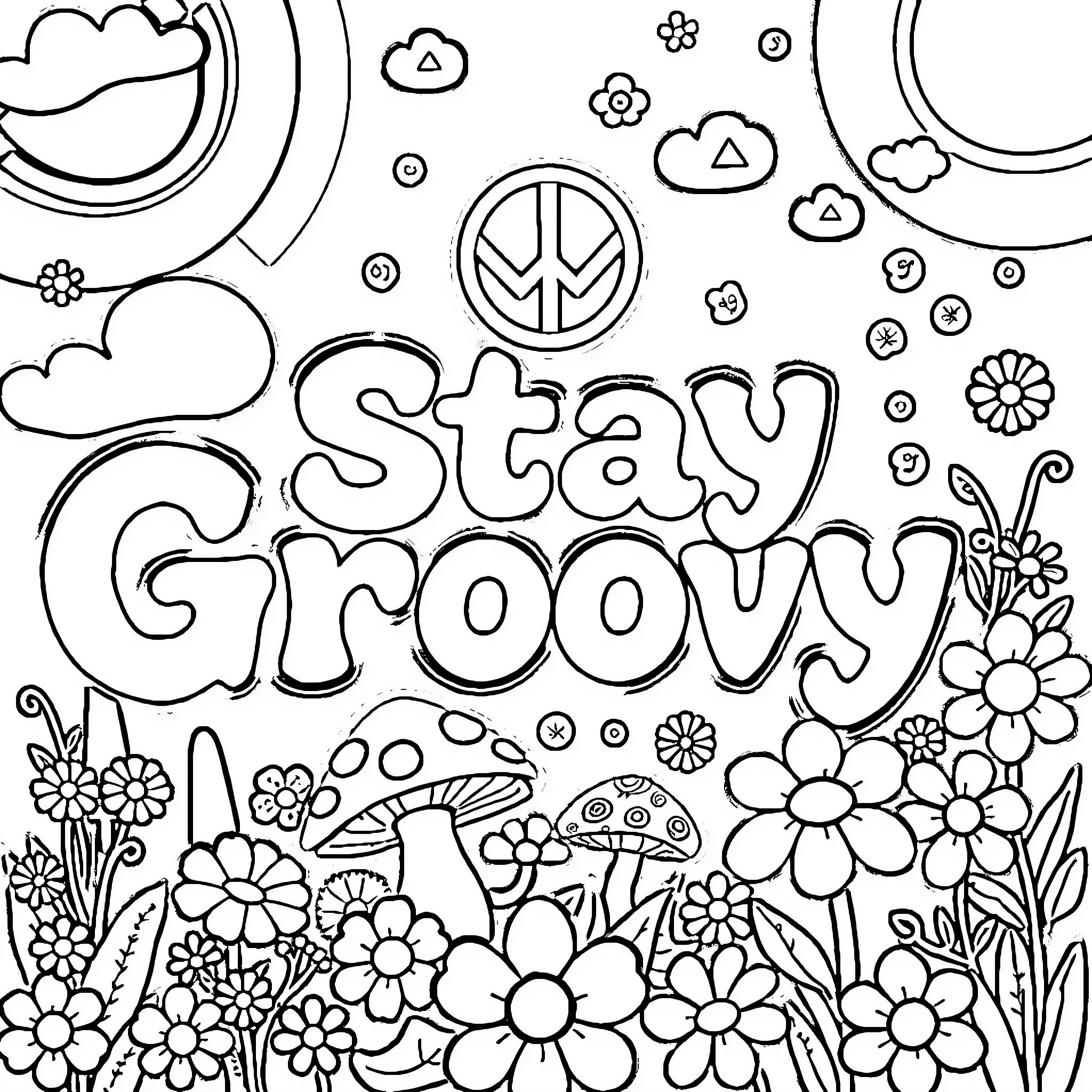 Peace Symbol Flowers and Groovy Expressions Coloring Page (free black-and-white line drawing printable PDF for all, from beginners to advanced learners, including children, teens, adults, and seniors)