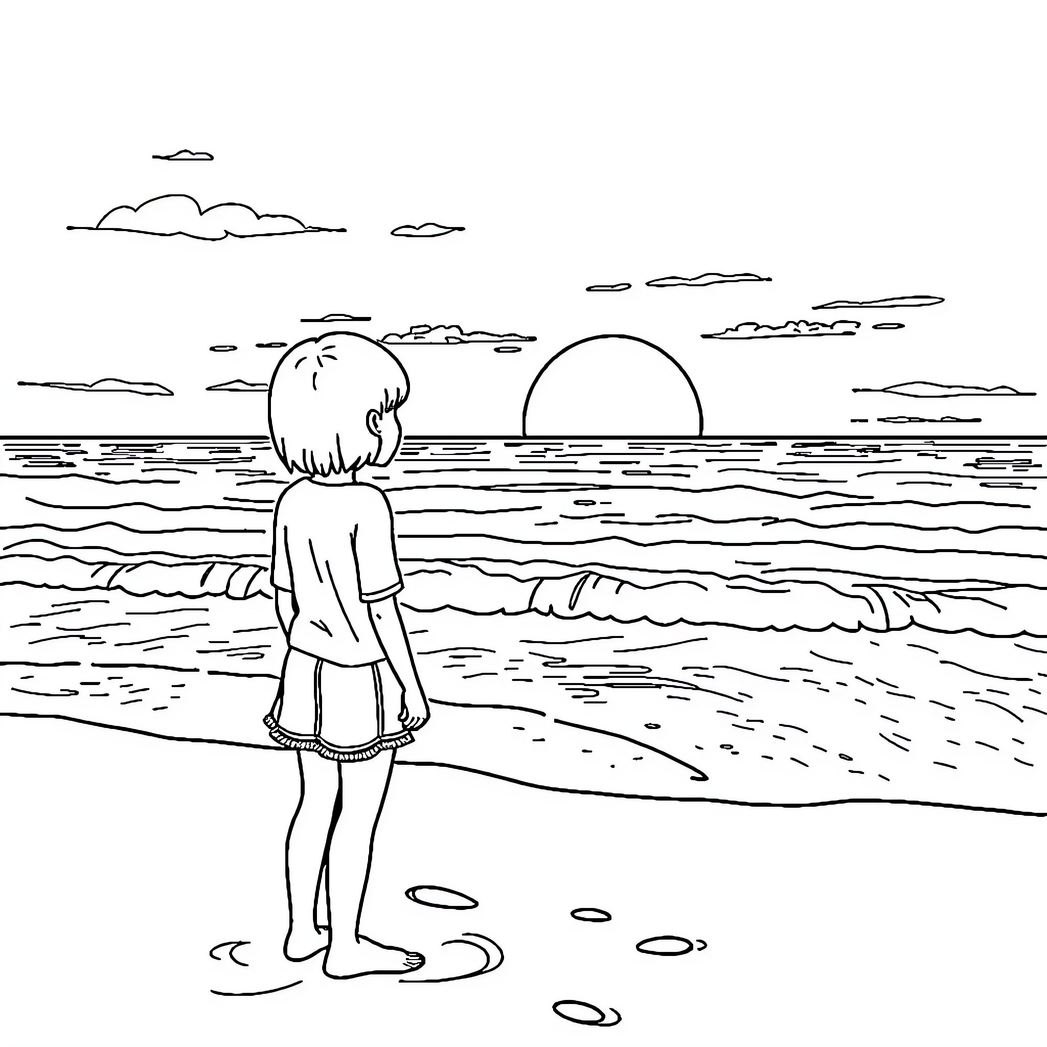 Girl standing alone on the beach watching the sunset Coloring Page (free black-and-white line drawing printable PDF for all, from beginners to advanced learners, including children, teens, adults, and seniors)