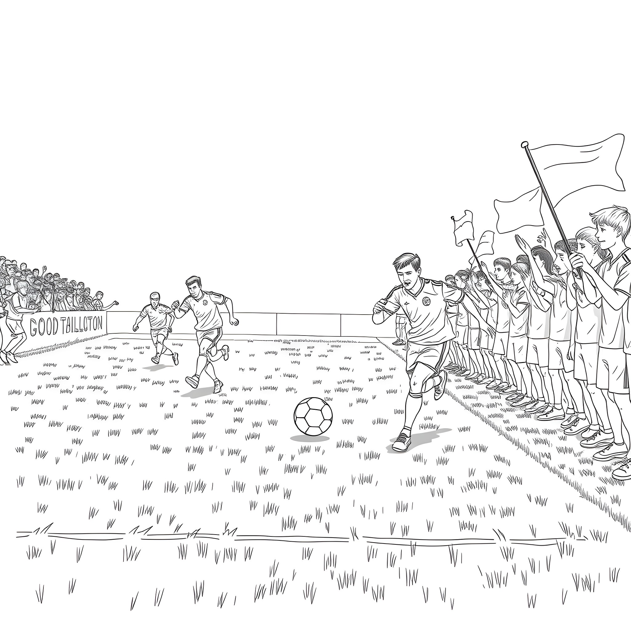 Football players on the field during a match Coloring Page (free black-and-white line drawing printable PDF for all, from beginners to advanced learners, including children, teens, adults, and seniors)