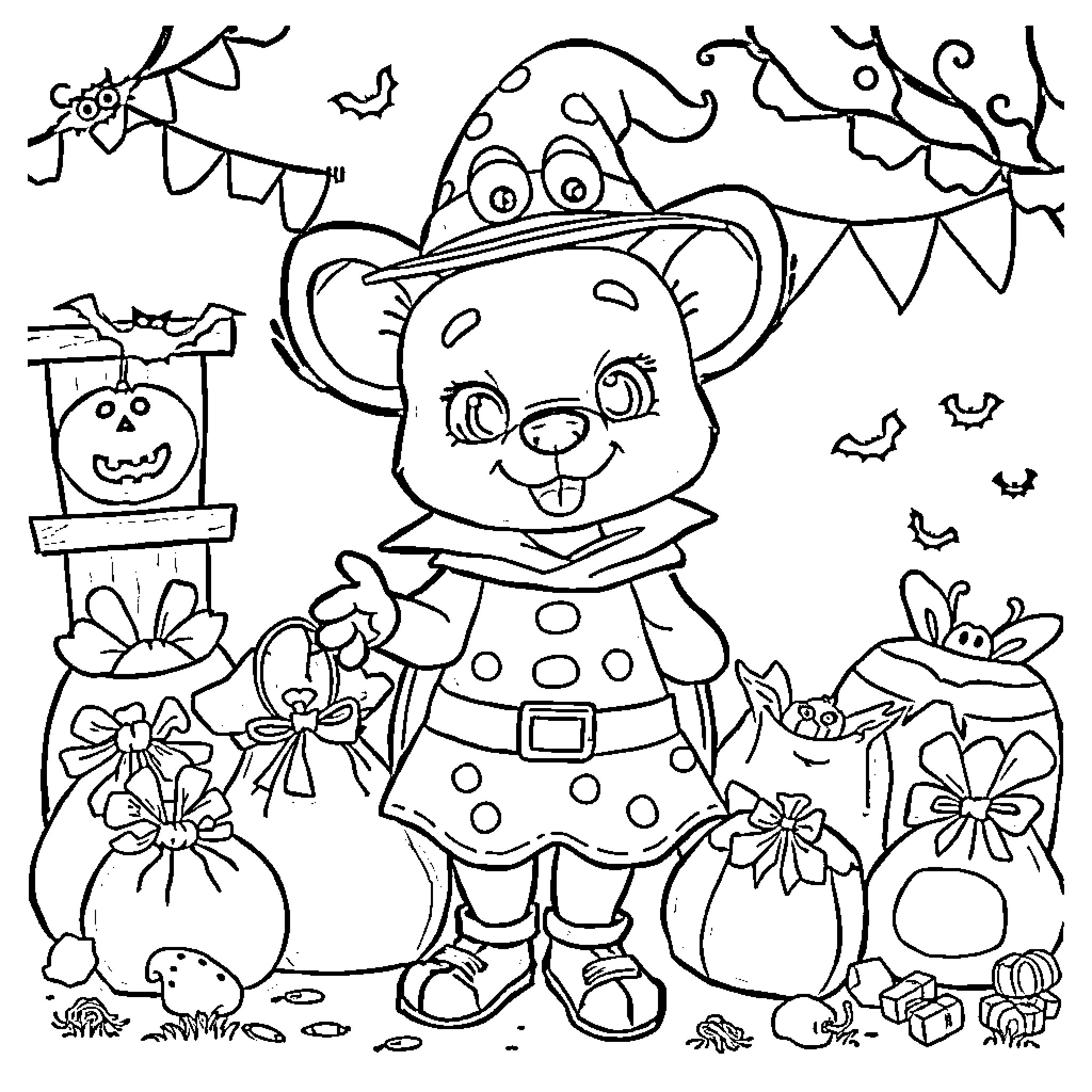 Bluey's Festive Frolic: A Halloween Celebration Coloring Page (free black-and-white line drawing printable PDF for all, from beginners to advanced learners, including children, teens, adults, and seniors)