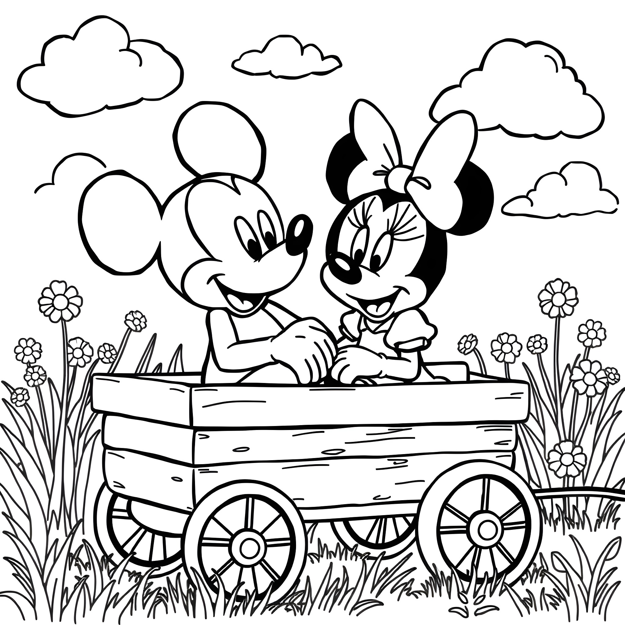 Bluey and Minnie enjoying a ride in a wagon Coloring Page (free black-and-white line drawing printable PDF for all, from beginners to advanced learners, including children, teens, adults, and seniors)