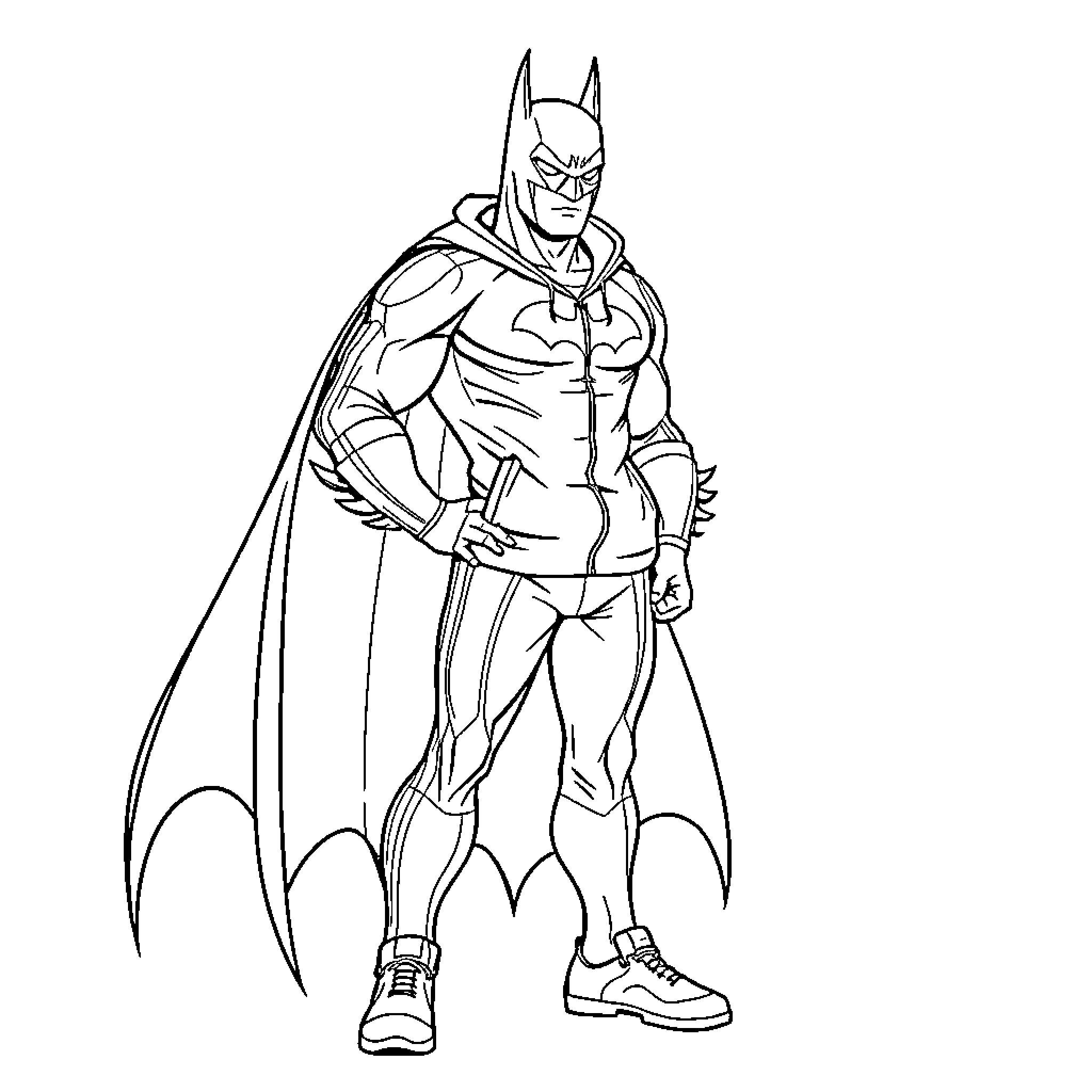 Batman in action-ready pose Coloring Page (free black-and-white line drawing printable PDF for all, from beginners to advanced learners, including children, teens, adults, and seniors)