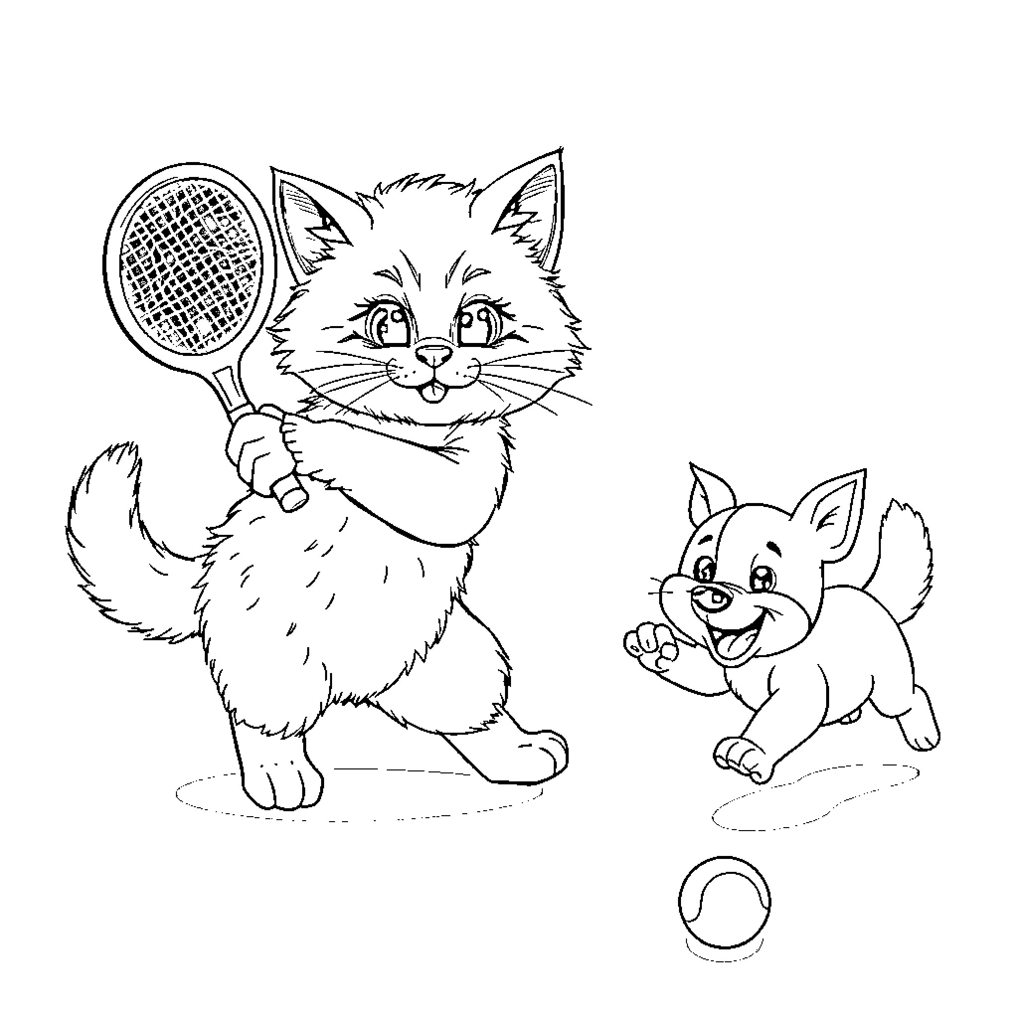 Cat playing with puppy and tennis racket Coloring Page (free black-and-white line drawing printable PDF for all, from beginners to advanced learners, including children, teens, adults, and seniors)